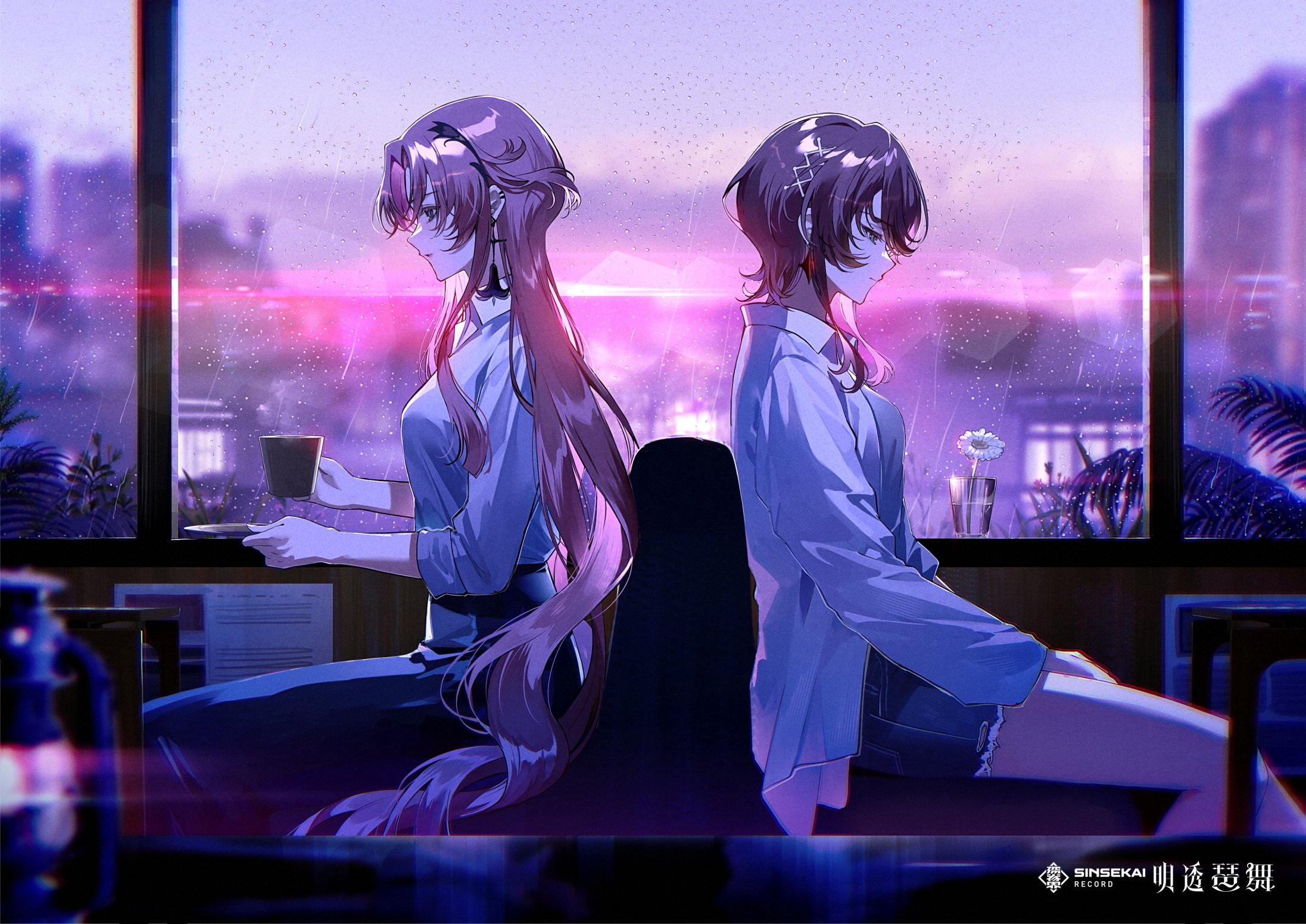 kuga huna, asu (sinsekai), bema (sinsekai), kamitsubaki studio, sinsekai record, commentary request, highres, official art, 2girls, brown hair, character name, closed mouth, condensation, copyright name, cup, earrings, flower, from side, hair ornament, holding, holding cup, indoors, jane doe (song), jewelry, multiple girls, pink hair, profile, rain, white flower, window, window fog