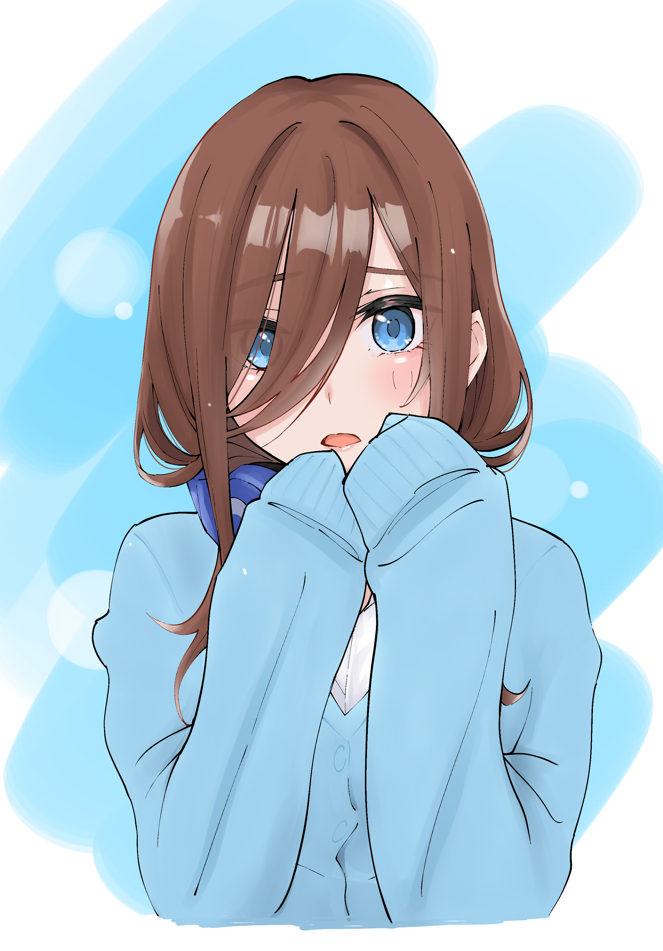 ldeeeeeeeeeejo, nakano miku, go-toubun no hanayome, absurdres, commentary request, highres, 1girl, blue eyes, blush, brown hair, hair between eyes, hands up, headphones, headphones around neck, long hair, long hair between eyes, looking at viewer, open mouth, school uniform, sleeves past fingers, sleeves past wrists, solo, upper body