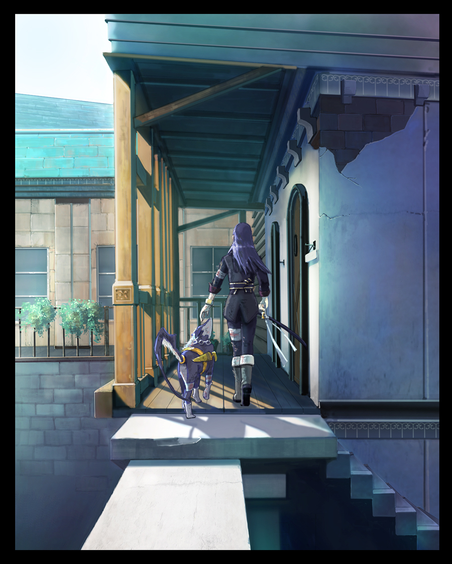 hatomugi (hato3pp), repede (tales), yuri lowell, tales of (series), tales of vesperia, 00s, 1boy, black hair, boots, bracelet, dog, jewelry, knee boots, long hair, male focus, sheath, sheathed, solo, sword, weapon