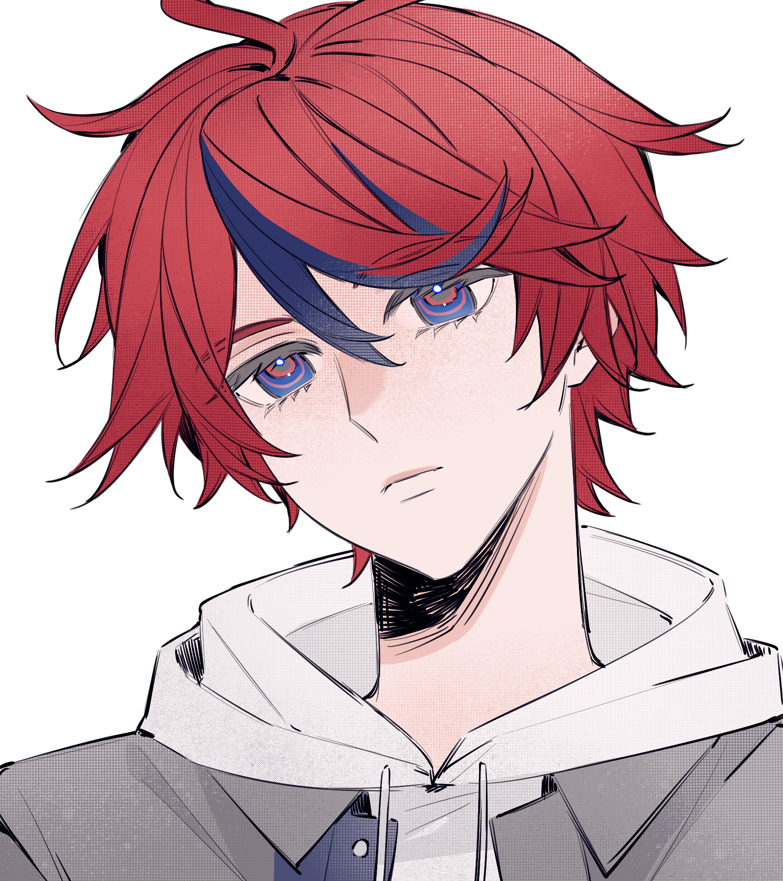 sumino takumi, the hundred line -last defense academy-, chinese commentary, commentary request, highres, 1boy, ahoge, blue eyes, blue hair, closed mouth, drawstring, grey jacket, hair between eyes, hood, hood down, hoodie, jacket, jacket over hoodie, male focus, multicolored hair, open clothes, open jacket, portrait, red hair, short hair, simple background, solo, sqyyy, streaked hair, two-tone hair, white background, white hoodie