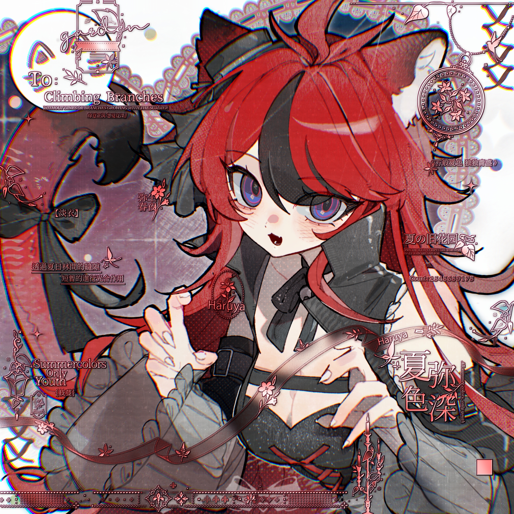 sumino takumi, the hundred line -last defense academy-, artist request, chinese commentary, commentary request, commission, highres, second-party source, 1girl, ahoge, animal ear fluff, animal ears, black bow, black hair, black ribbon, black shirt, black sleeves, blue eyes, bow, breasts, cat ears, cat girl, cat tail, claw pose, cleavage, detached sleeves, eyes visible through hair, fang, frilled sleeves, frills, genderswap, genderswap (mtf), hair between eyes, hands up, long hair, multicolored hair, neck ribbon, open mouth, red hair, red ribbon, ribbon, shirt, skin fang, solo, speech bubble, streaked hair, tail, tail bow, tail ornament, too many watermarks, tsurime, two-tone hair, watermark