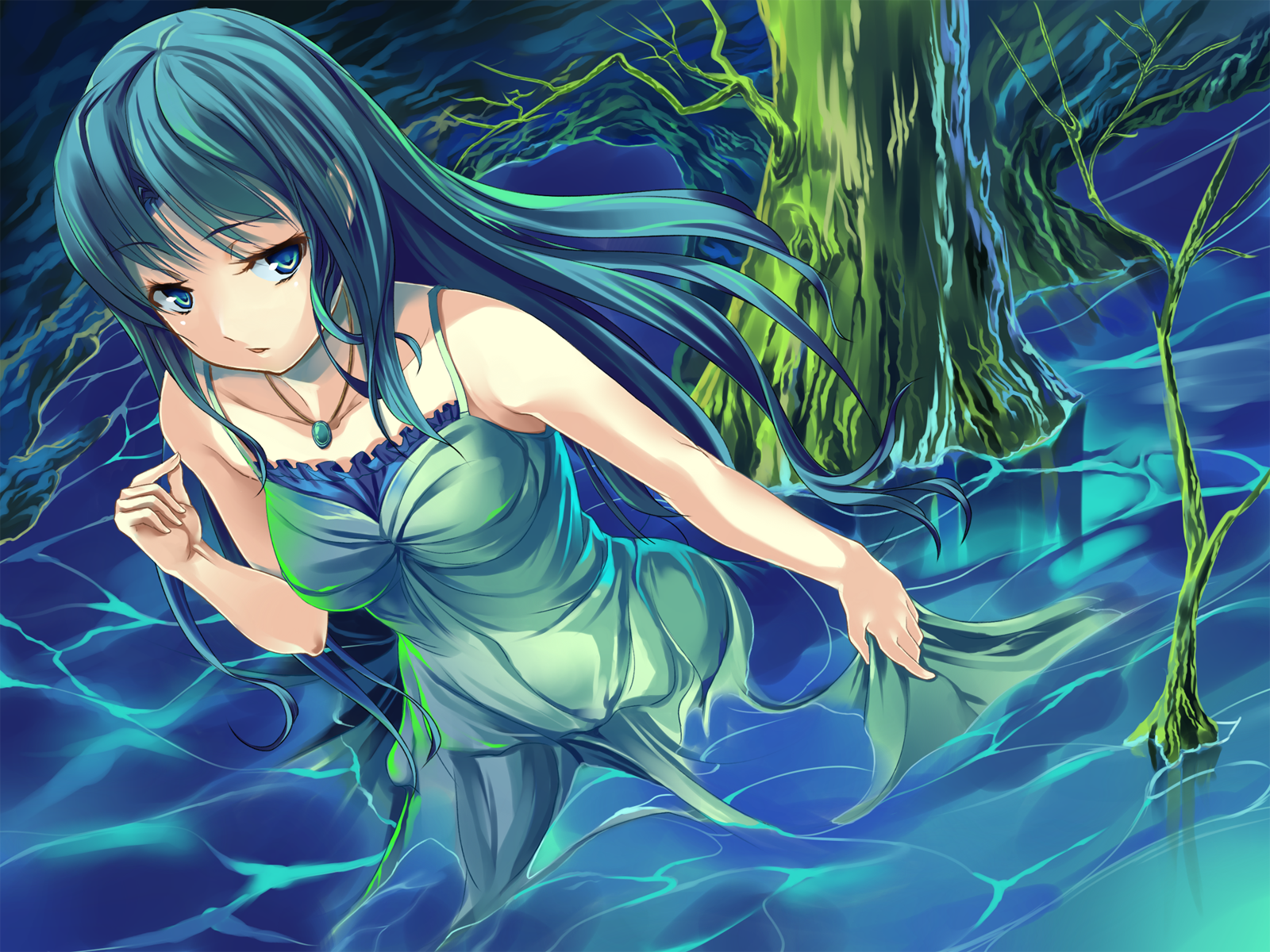 matsukawa (pale scarlet), original, highres, 1girl, aqua eyes, aqua hair, dress, female focus, jewelry, necklace, partially submerged, solo, tree, water