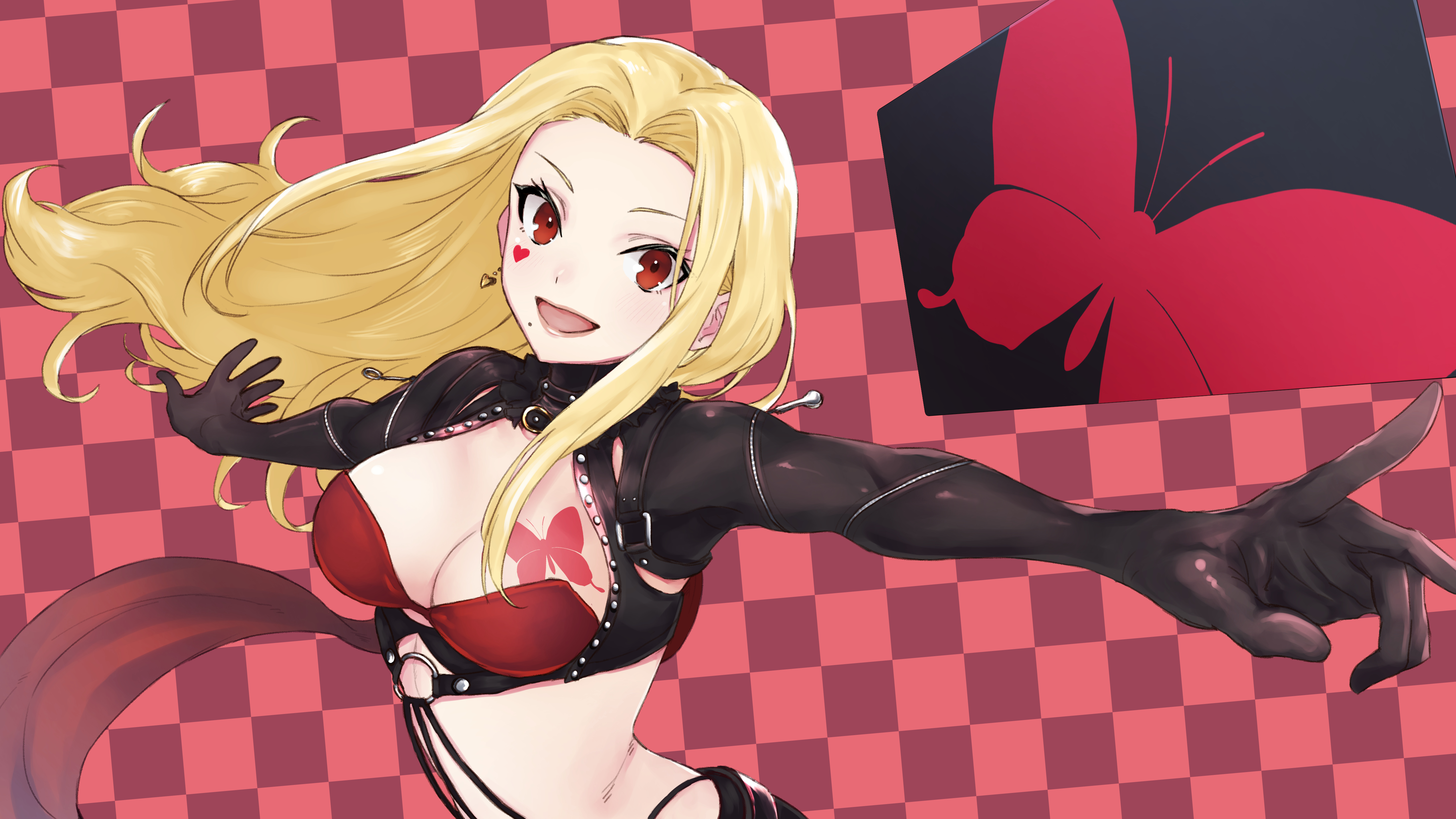 g9 (jiiku), luis cammy, luis cammy (1st costume), nijisanji, absurdres, commentary request, highres, 1girl, black jacket, black pants, blonde hair, bra, breasts, butterfly tattoo, chest tattoo, cleavage, cropped jacket, jacket, long hair, looking at viewer, medium breasts, mole, mole under mouth, open mouth, pants, red bra, red eyes, smile, solo, tattoo, underwear, virtual youtuber