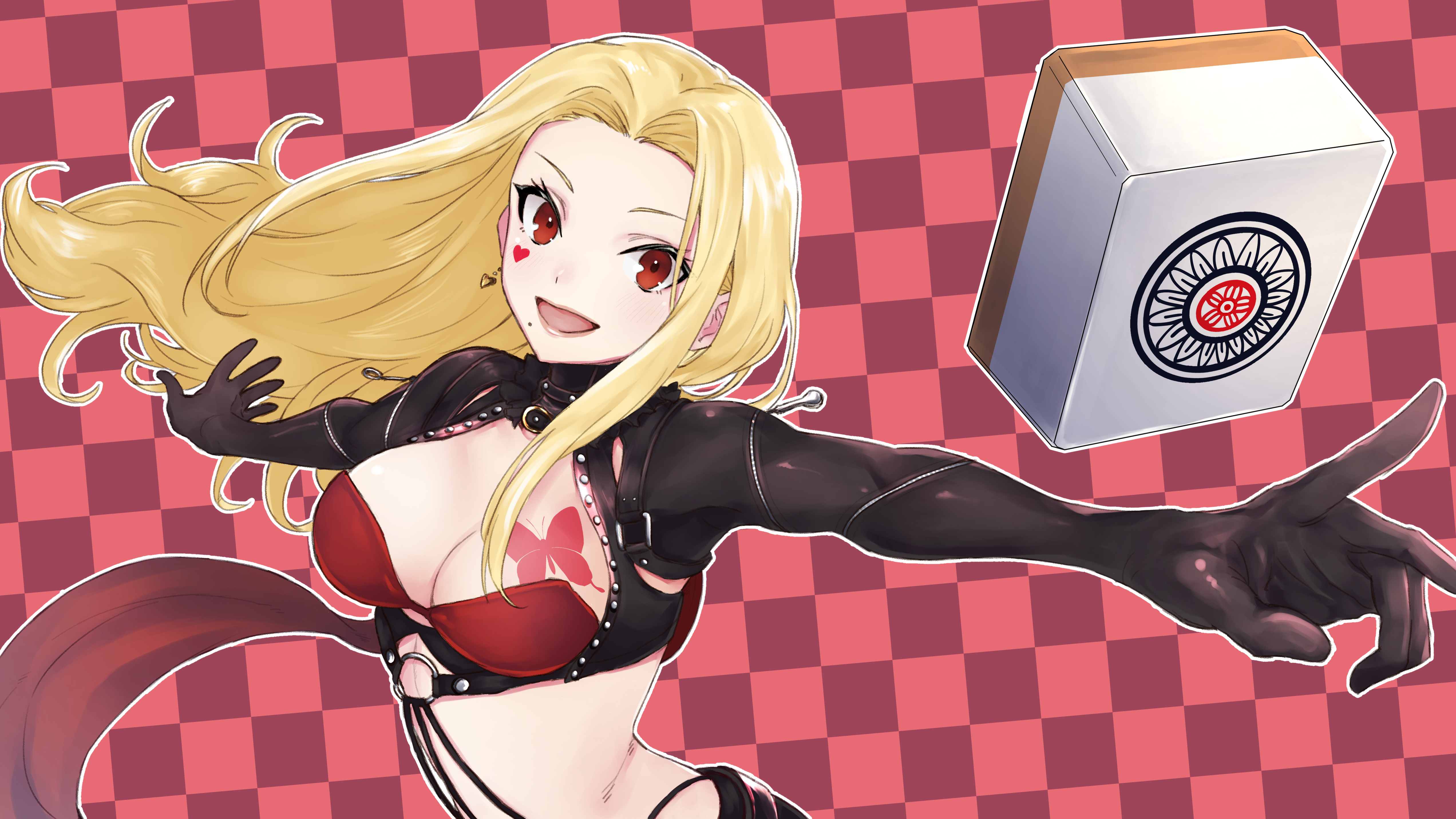 g9 (jiiku), luis cammy, luis cammy (1st costume), nijisanji, absurdres, commentary request, highres, 1girl, black jacket, black pants, blonde hair, bra, breasts, butterfly tattoo, chest tattoo, cleavage, cropped jacket, jacket, long hair, looking at viewer, medium breasts, mole, mole under mouth, open mouth, pants, red bra, red eyes, smile, solo, tattoo, underwear, virtual youtuber