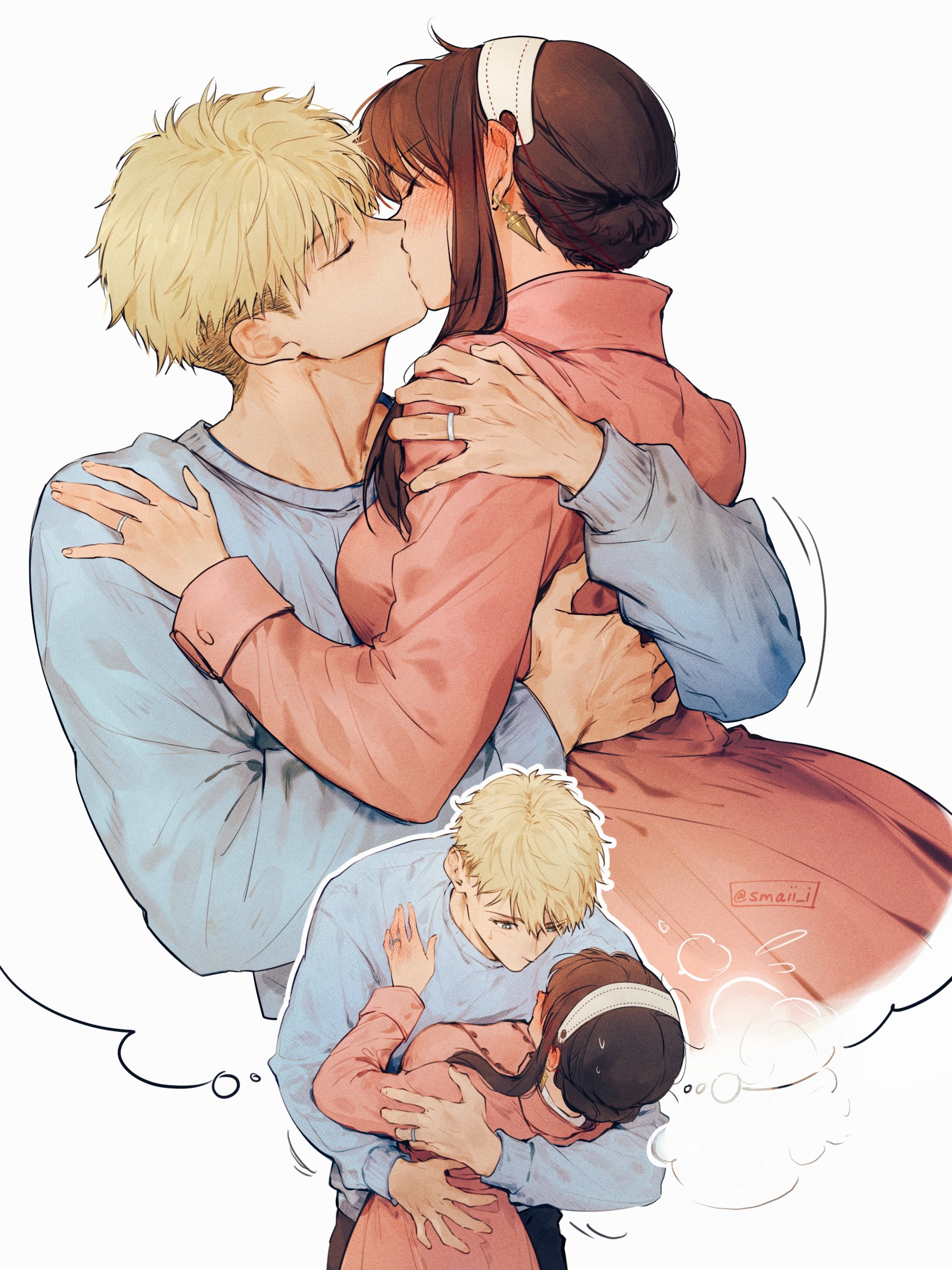 maiii (smaii i), twilight (spy x family), yor briar, spy x family, absurdres, commentary, hashtag-only commentary, highres, 1boy, 1girl, arm around back, blonde hair, blue shirt, blush, brown hair, coat, ear blush, earrings, hairband, hetero, hug, image in thought bubble, jewelry, kiss, looking at another, pink coat, ring, shirt, speech bubble, sweat, thought bubble, twitter username, white background, white hairband