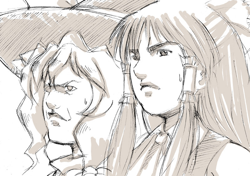 e saiba, hakurei reimu, kirisame marisa, sakigake!! cromartie koukou, touhou, 00s, 2girls, bow, female focus, greyscale, hair bow, hat, long hair, monochrome, multiple girls, ribbon, witch