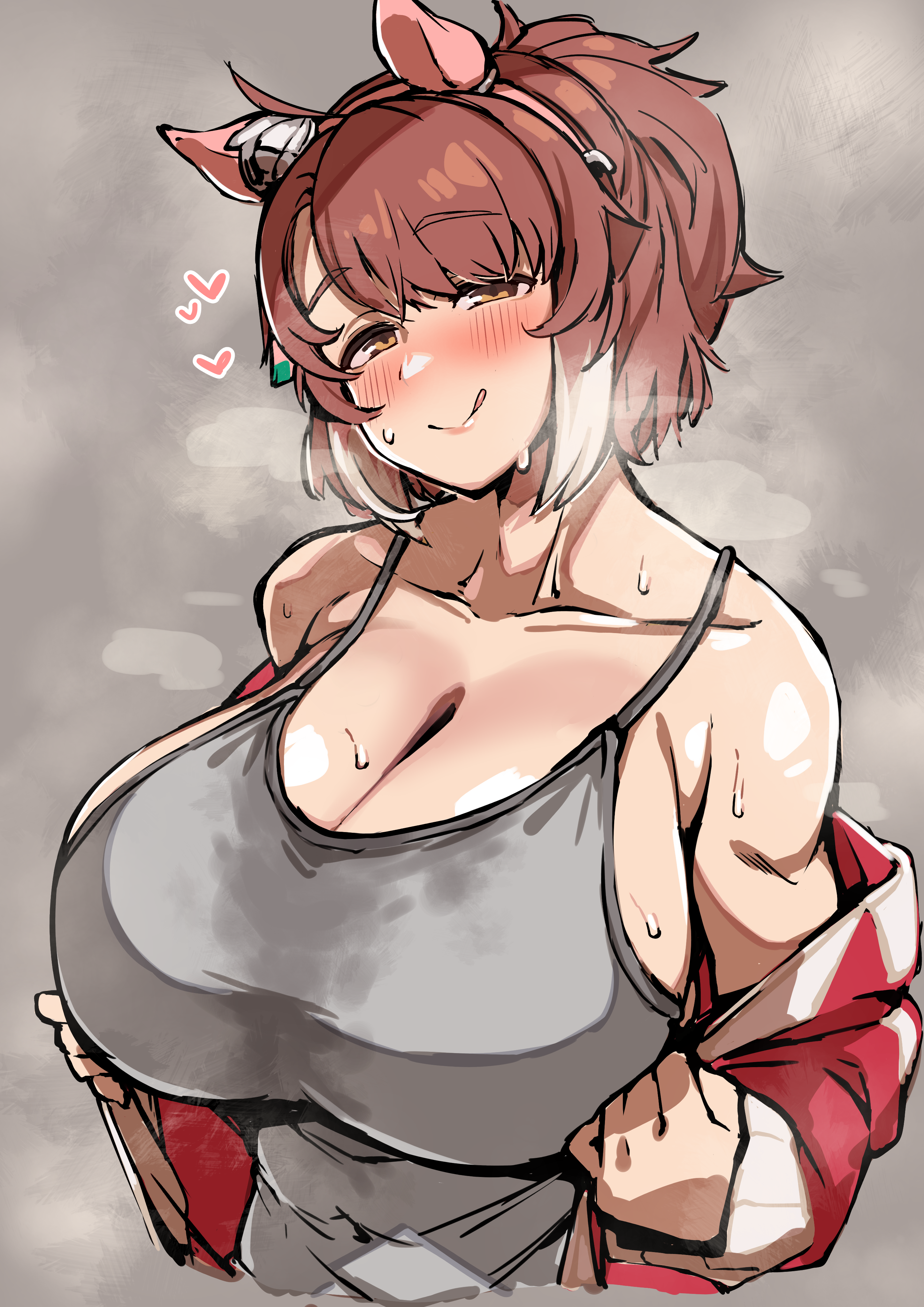 yuki usagi (agtd5758), dantsu flame (umamusume), umamusume, absurdres, commentary request, highres, 1girl, :q, alternate breast size (larger), animal ears, breasts, brown eyes, brown hair, cleavage, collarbone, ear covers, grey background, horse ears, horse girl, huge breasts, jacket, long sleeves, looking at viewer, multicolored hair, naughty face, red jacket, short hair, solo, steaming body, sweat, tongue, tongue out, tracen training uniform, track jacket, two-tone hair