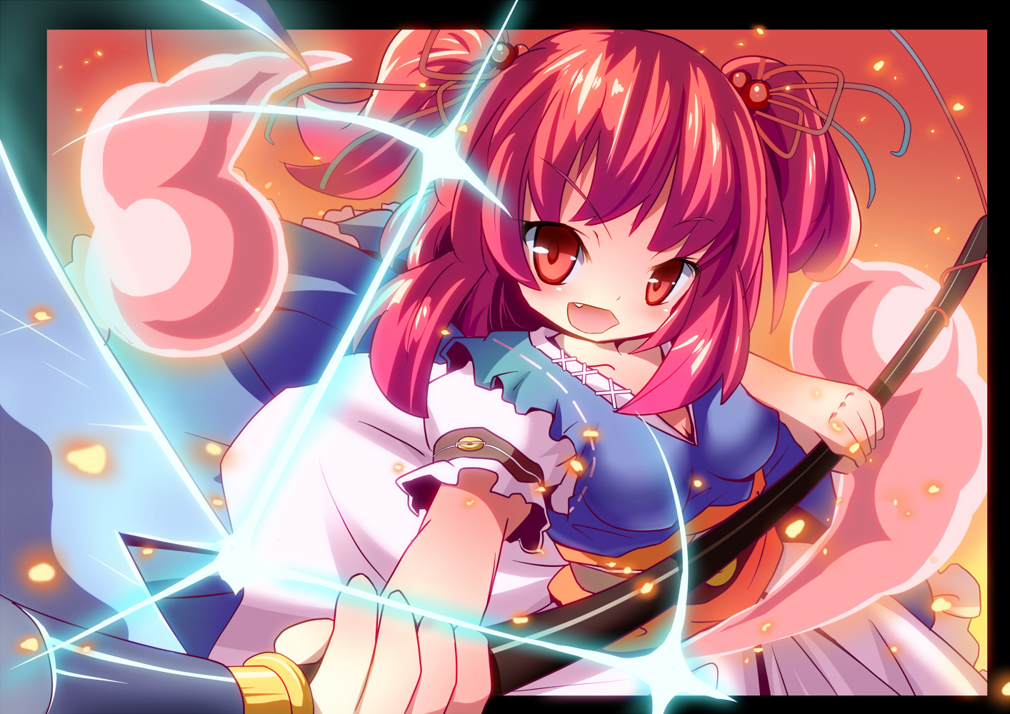 mikan (bananoha), onozuka komachi, touhou, 1girl, fang, female focus, gradient background, red eyes, red hair, scythe, short hair, solo, twintails, two side up