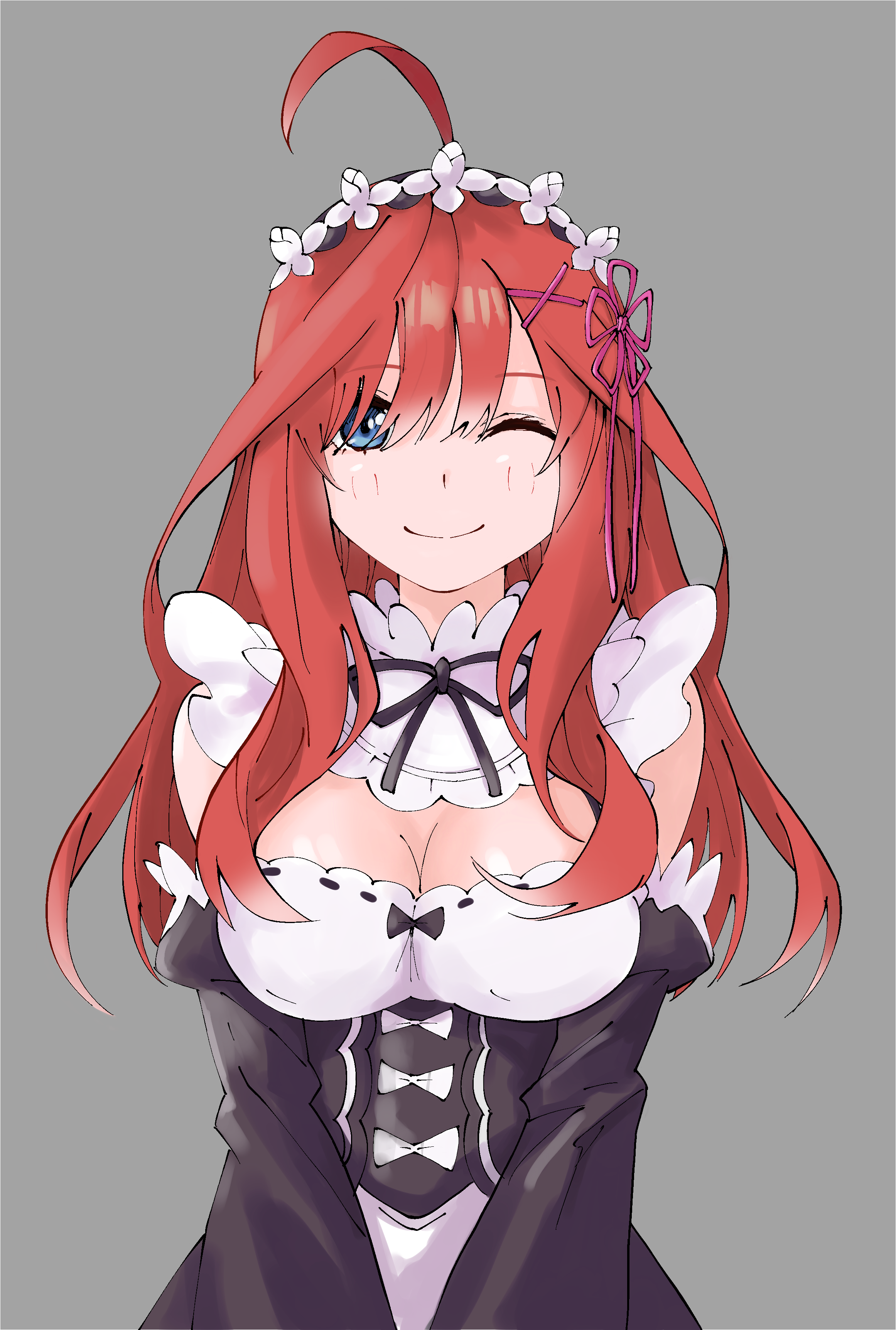 ldeeeeeeeeeejo, nakano itsuki, go-toubun no hanayome, re:zero kara hajimeru isekai seikatsu, absurdres, bad source, highres, 1girl, ahoge, alternate costume, black sleeves, blue eyes, blush, breasts, cleavage, closed mouth, detached collar, detached sleeves, dress, grey background, hair ornament, hair ribbon, long hair, long sleeves, looking at viewer, maid headdress, medium breasts, one eye closed, purple ribbon, ribbon, roswaal mansion maid uniform, simple background, solo, star (symbol), star hair ornament, strapless, strapless dress, upper body, x hair ornament