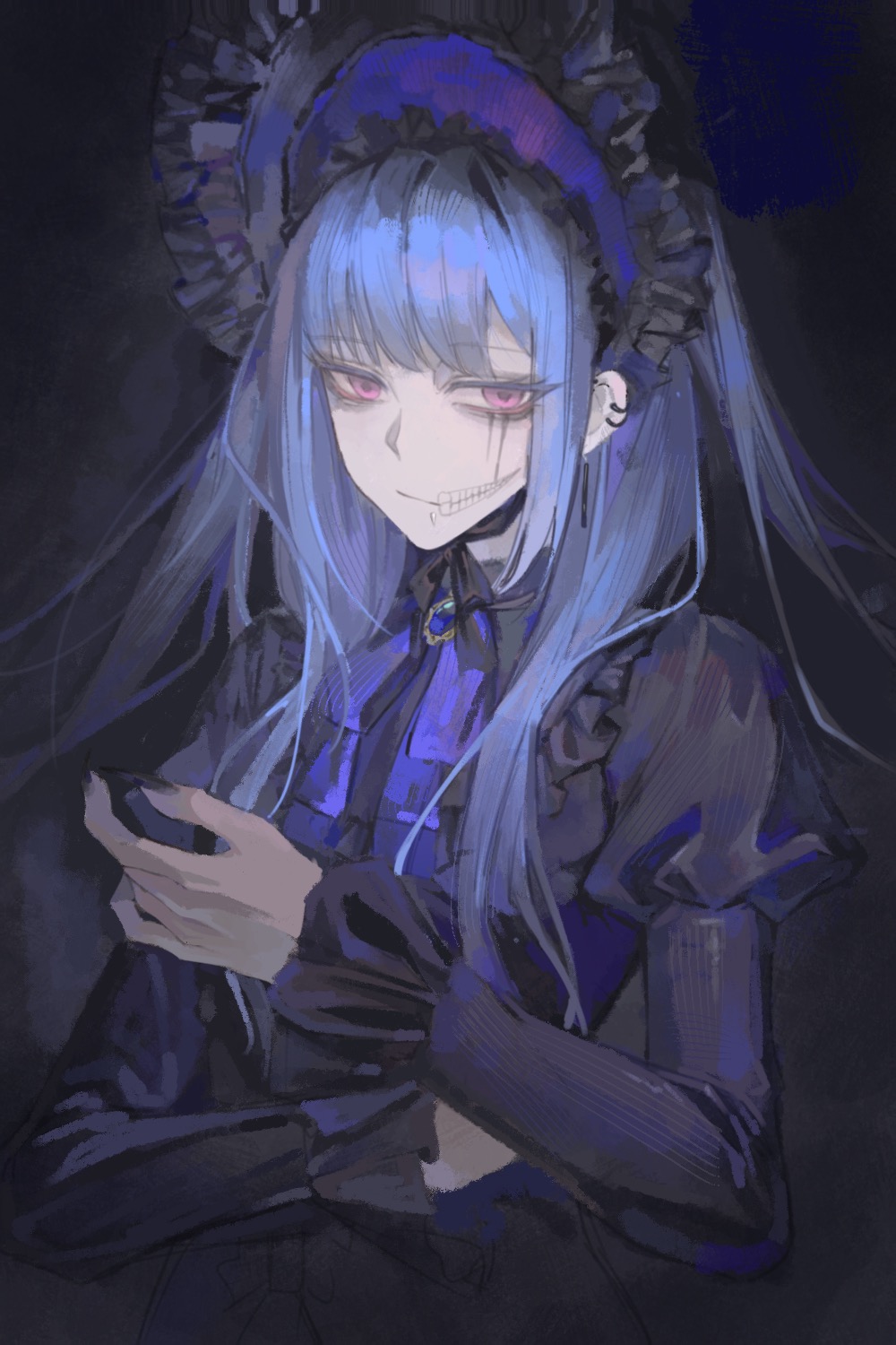 amemiya darumi, the hundred line -last defense academy-, chinese commentary, commentary request, highres, 1girl, :/, alternate costume, bags under eyes, black background, black bonnet, black dress, blue bow, blue bowtie, blue hair, bonnet, bow, bowtie, brooch, chin piercing, closed mouth, dress, earclip, earrings, eyelashes, face piercing, facepaint, frilled sleeves, frills, gothic lolita, hand up, jewelry, juliet sleeves, lolita fashion, long hair, long sleeves, piercing, pink eyes, puffy sleeves, solo, spike piercing, upper body, yan tang 2333