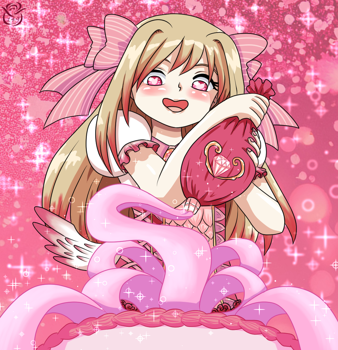 chaos marie (grimms notes), grimms notes, 1girl, benit149, blush, cake, food, hair intakes, hair ribbon, long hair, pink background, pink ribbon, ribbon, smile, solo, tongue, upper body, wings
