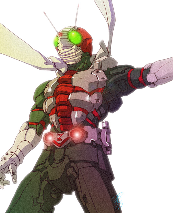 kusagami style, kamen rider v3, kamen rider, kamen rider v3 (series), bad id, bad pixiv id, 1boy, antennae, belt, glowing, glowing eyes, male focus, scarf, solo