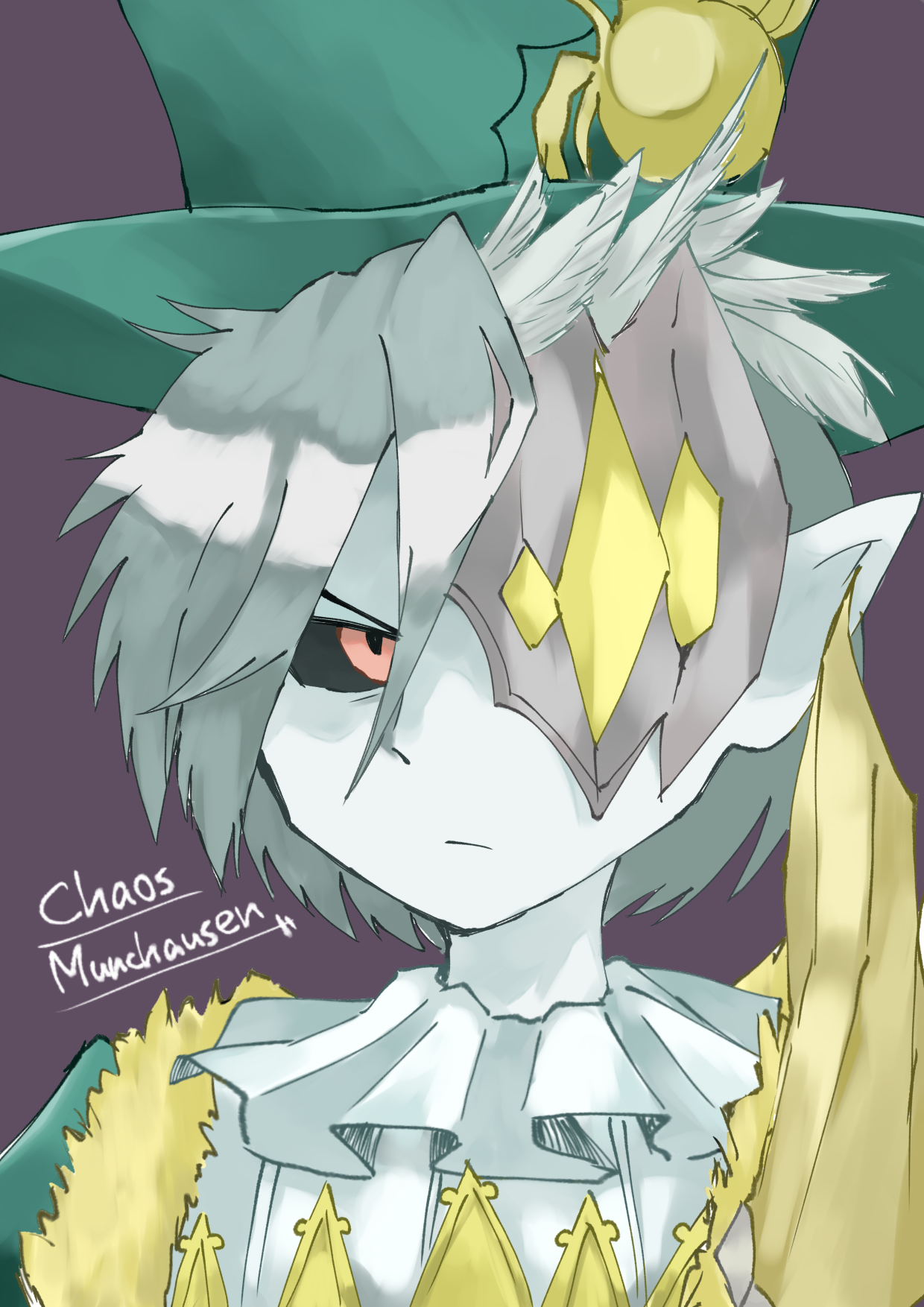 chaos munchausen (grimms notes), grimms notes, 1boy, black sclera, character name, closed mouth, colored sclera, colored skin, green hat, hat, kotknooda9, male focus, one eye covered, pointy ears, purple background, red eyes, simple background, solo, top hat, upper body, white skin