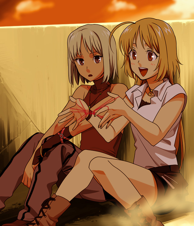 mori (unknown.), canaan (character), oosawa maria, 428, 428: fuusa sareta shibuya de, canaan (series), chunsoft, type-moon, 2girls, androgynous, bare shoulders, blonde hair, boots, cat's cradle, long hair, multiple girls, short hair, sleeveless, sleeveless turtleneck, string, string of fate, tomboy, turtleneck, white hair