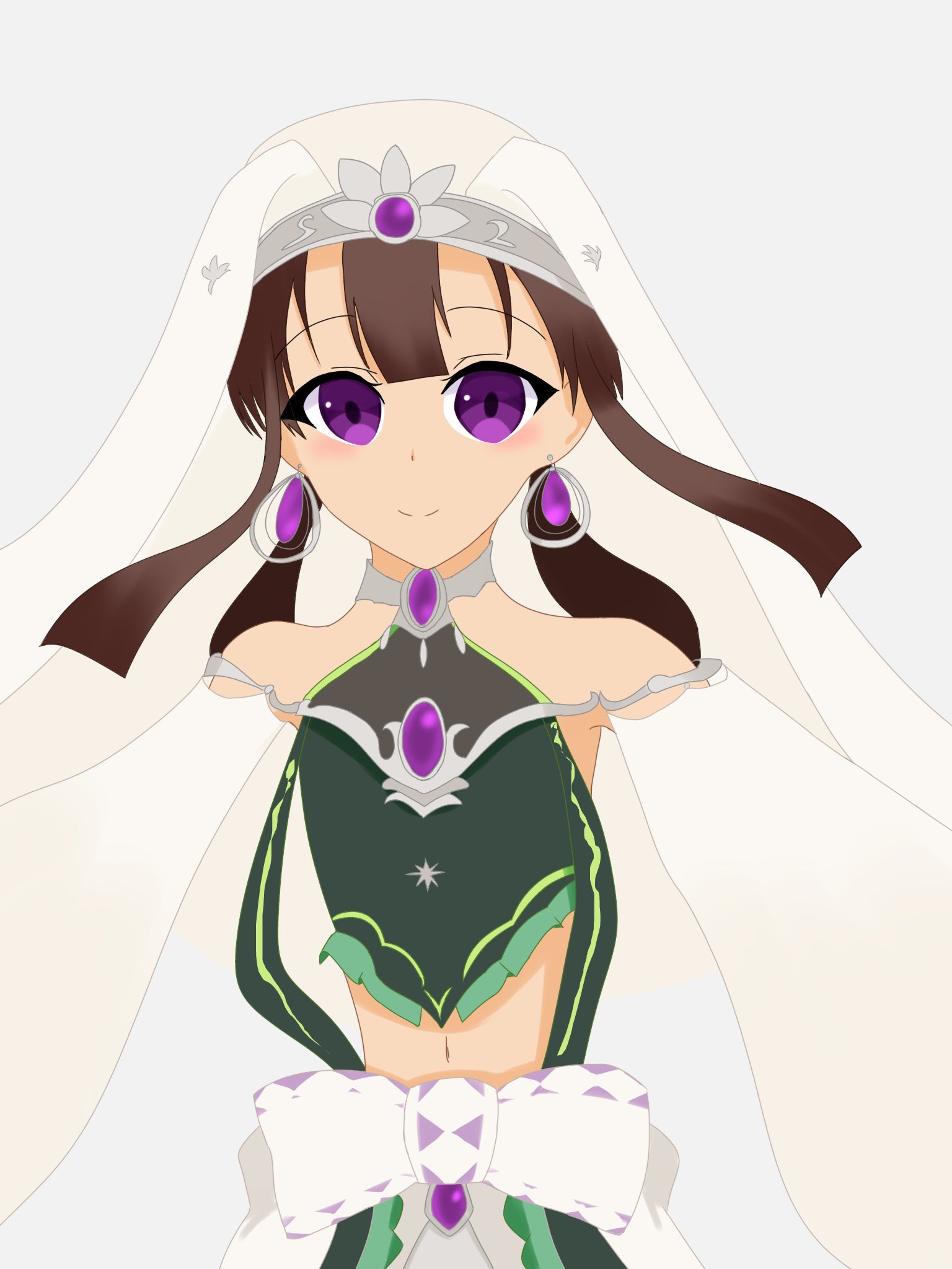 dunyazad (grimms notes), grimms notes, 1girl, arabian clothes, brown hair, closed mouth, detached sleeves, flat color, looking at viewer, midriff, navel, pure color pc, purple eyes, smile, solo