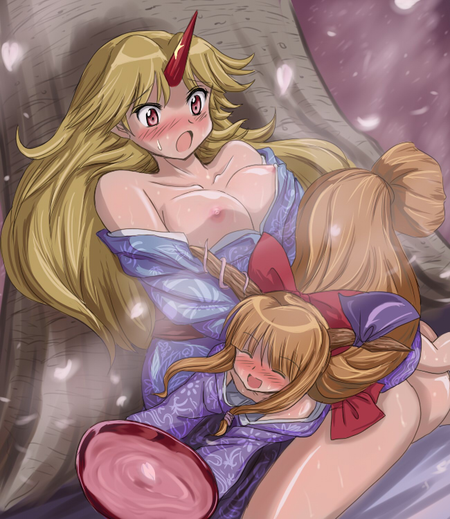 flx, hoshiguma yuugi, ibuki suika, touhou, 2girls, alcohol, blonde hair, blush, breast slip, breasts, brown hair, cherry blossoms, cup, female focus, hair ribbon, horn ornament, horn ribbon, horns, japanese clothes, large breasts, long hair, multiple girls, nipples, oni, red eyes, ribbon, sakazuki, sake, single horn