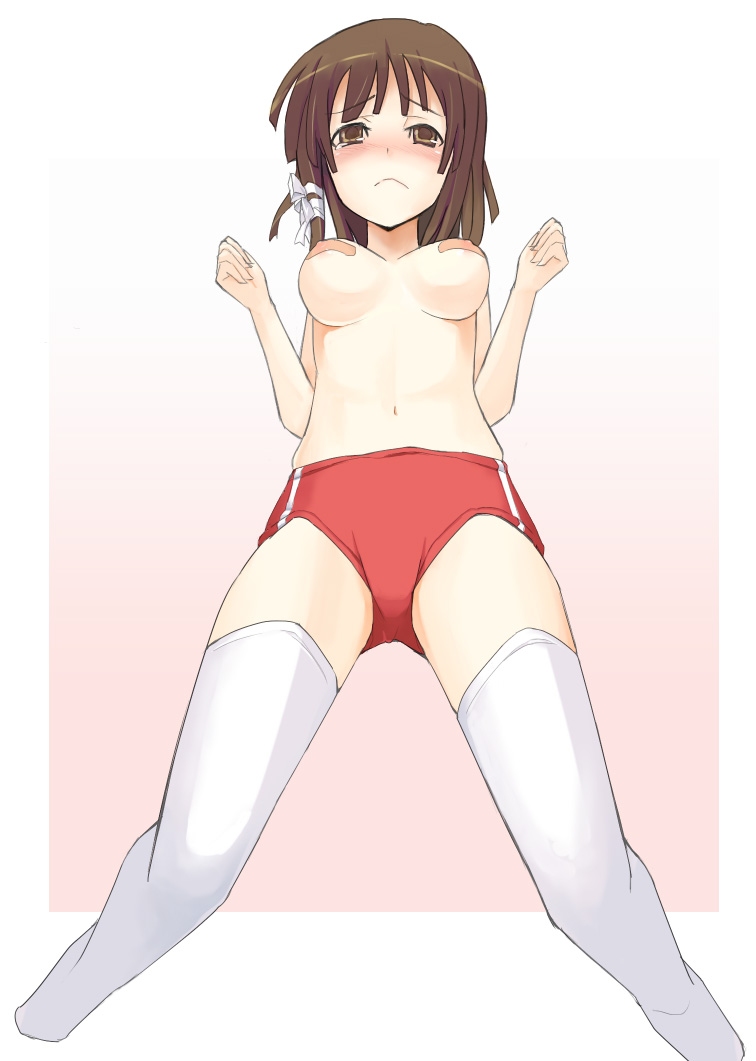 powhu, sengoku nadeko, bakemonogatari, monogatari (series), bad id, bad pixiv id, 00s, 1girl, bandaid, bandaids on nipples, blush, breasts, buruma, female focus, medium breasts, pasties, solo, tears, thighhighs, topless female