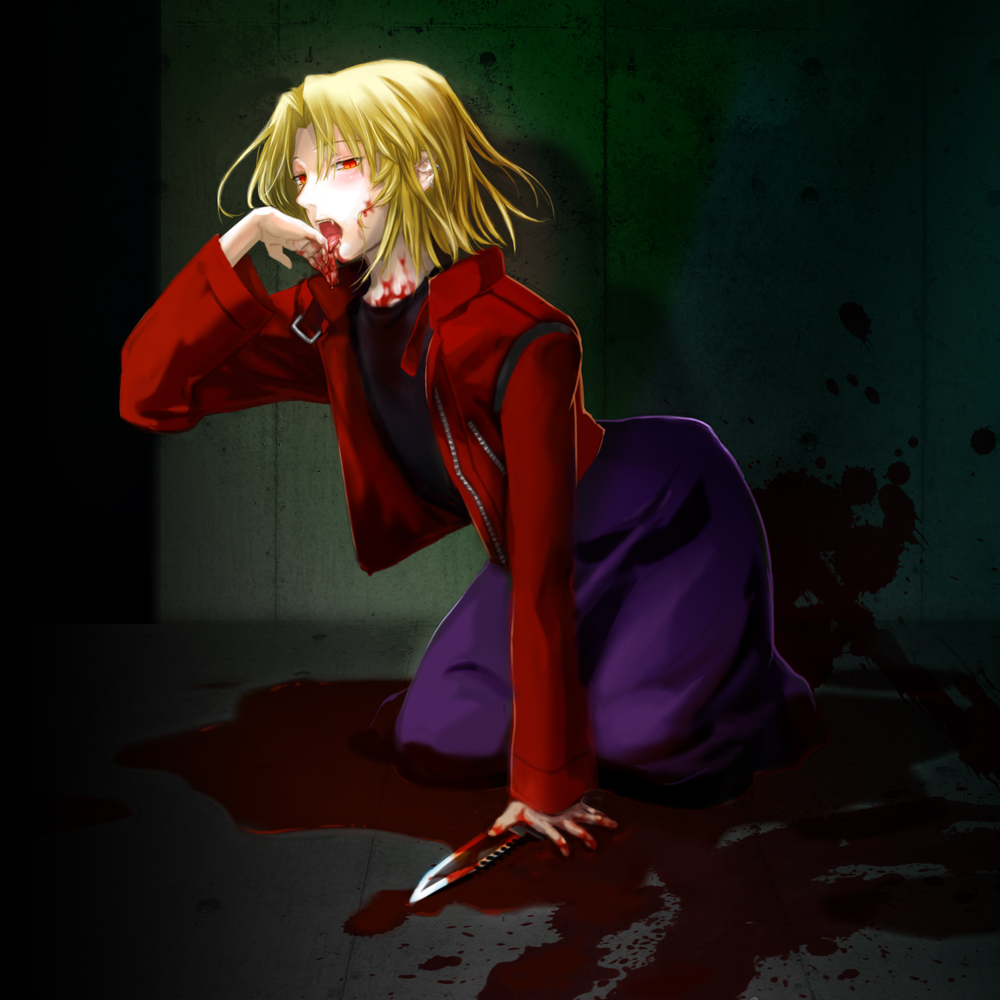 kuroi nyan, shirazumi lio, kara no kyoukai, 1boy, blonde hair, blood, crossdressing, crossdressing (mtf), fang, jacket, knife, licking, licking finger, long skirt, male focus, red eyes, red jacket, skirt, solo, tongue, trap