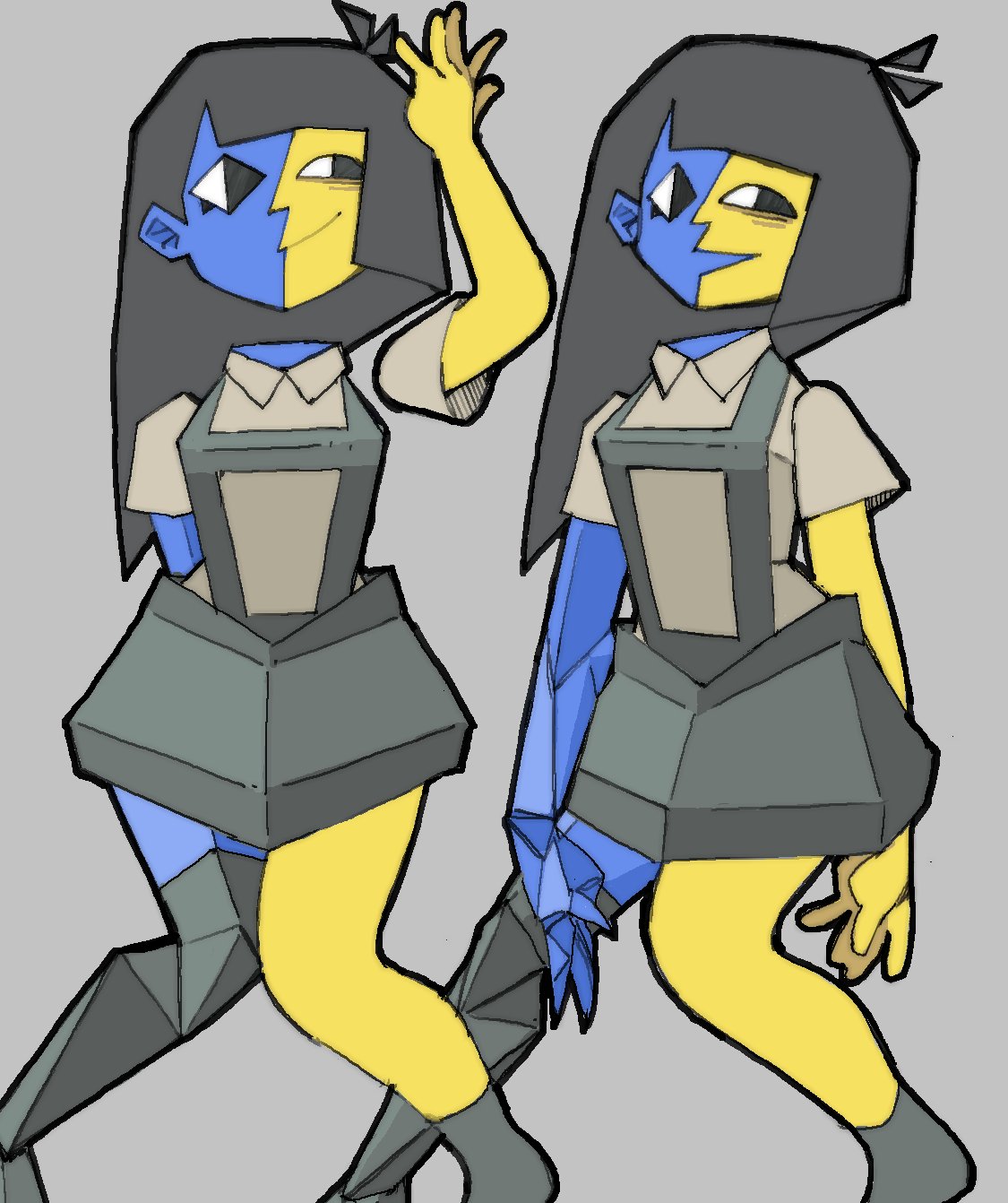 pantsu-ripper, ena (ena), ena (series), ena (web series), highres, 1girl, asymmetrical legwear, black eyes, black hair, black skirt, black socks, blue skin, colored skin, cubism, ena (species), floating head, miniskirt, shirt, single thighhigh, skirt, socks, split-color skin, thighhighs, white shirt, yellow skin