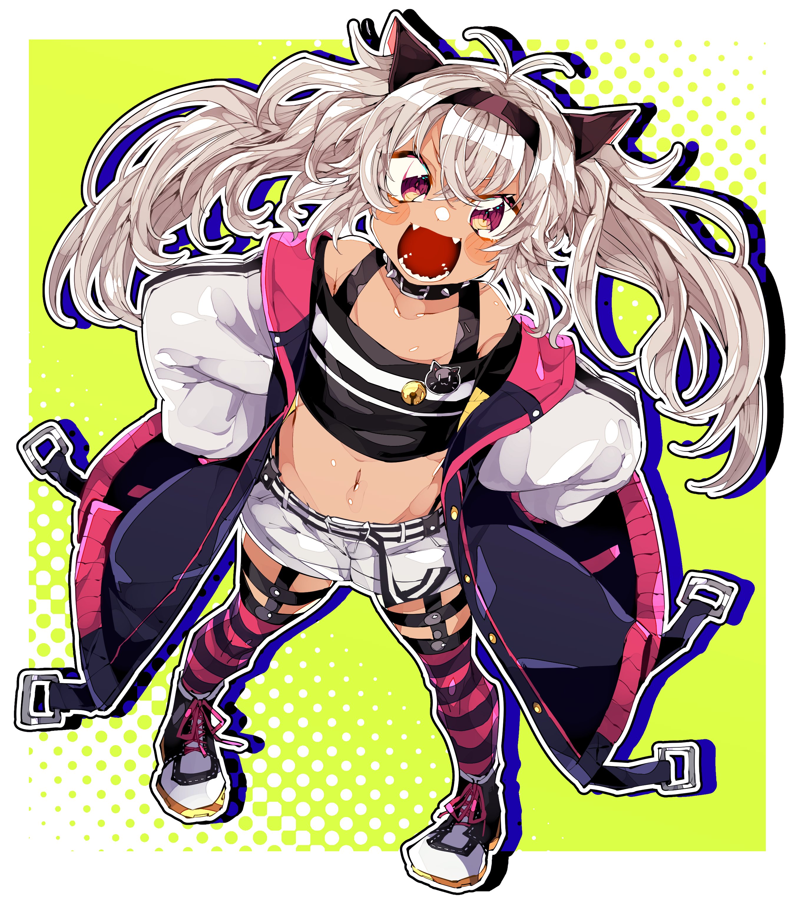 haseko123, matsukai mao, matsukai mao (1st costume), nijisanji, absurdres, commentary request, highres, 1girl, animal ears, black jacket, black shirt, black shoes, black thighhighs, cat ears, dark-skinned female, dark skin, fangs, grey hair, hands on own hips, jacket, looking at viewer, midriff, pink eyes, red thighhighs, shirt, shoes, shorts, smile, solo, striped clothes, striped thighhighs, thigh strap, thighhighs, virtual youtuber, white shorts, white sleeves