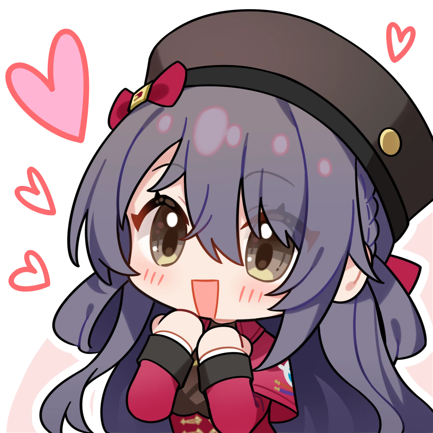 lewis (girls' frontline), lewis (girls' frontline 2), girls' frontline, girls' frontline 2: exilium, artist request, commentary request, highres, official art, second-party source, 1girl, :d, black hair, blush, braid, chibi, chibi only, happy, hat, heart, open mouth, smile, solo, transparent background, upper body