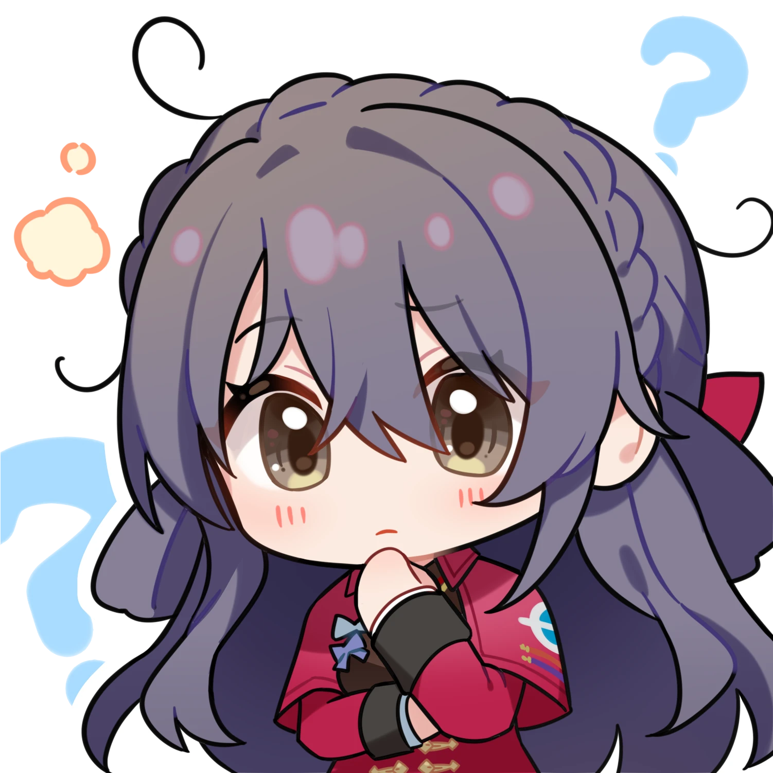 lewis (girls' frontline), lewis (girls' frontline 2), girls' frontline, girls' frontline 2: exilium, artist request, commentary request, highres, official art, second-party source, 1girl, ?, black hair, braid, chibi, chibi only, hand on own chin, looking at viewer, solo, transparent background, upper body