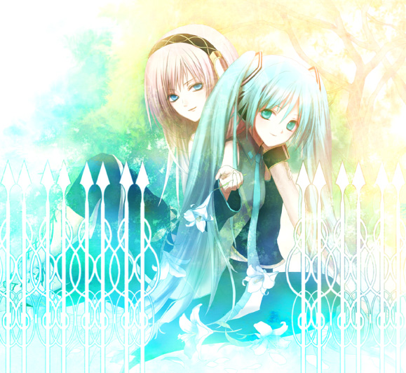 doromon, hatsune miku, megurine luka, vocaloid, bad id, bad pixiv id, 2girls, aqua eyes, aqua hair, blue eyes, detached sleeves, flower, multiple girls, necktie, pink hair, sitting, skirt, smile, twintails