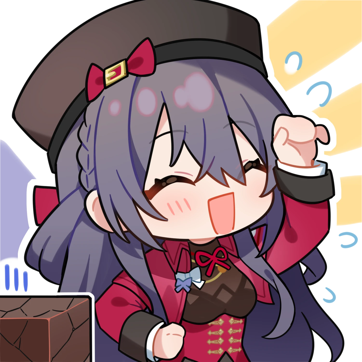 lewis (girls' frontline), lewis (girls' frontline 2), girls' frontline, girls' frontline 2: exilium, artist request, commentary request, highres, official art, second-party source, 1girl, :d, ^ ^, black hair, braid, chibi, chibi only, closed eyes, hat, open mouth, red ribbon, ribbon, smile, solo, transparent background, upper body
