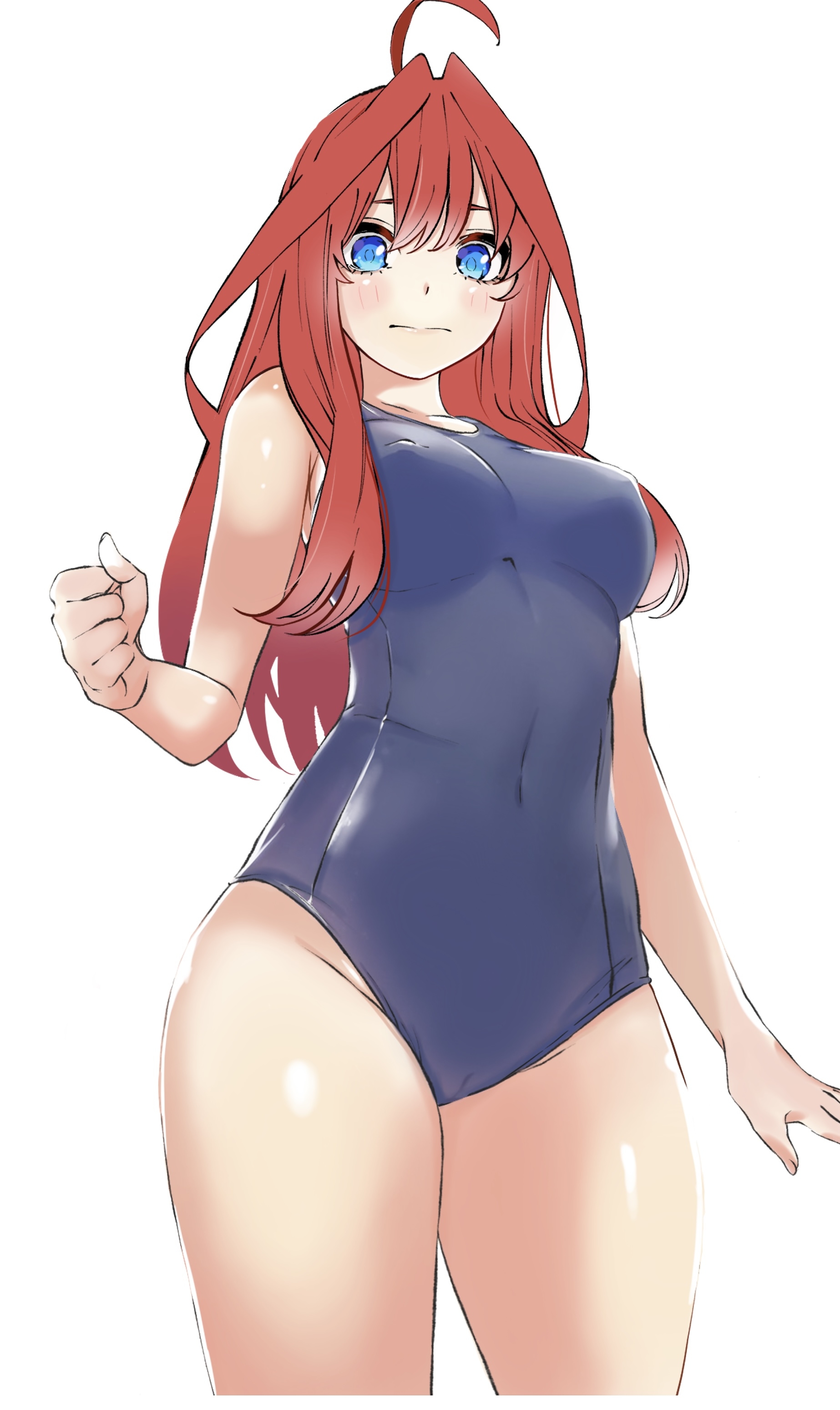 ldeeeeeeeeeejo, nakano itsuki, go-toubun no hanayome, absurdres, bad source, highres, revision, 1girl, ahoge, blue eyes, blue one-piece swimsuit, blush, breasts, cameltoe, closed mouth, covered erect nipples, covered navel, cowboy shot, groin, hair ornament, large breasts, long hair, looking at viewer, one-piece swimsuit, red hair, school swimsuit, simple background, solo, star (symbol), star hair ornament, swimsuit, white background