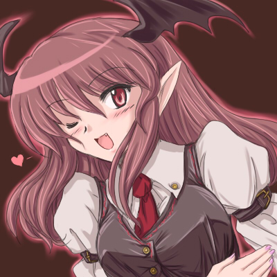 flx, koakuma, embodiment of scarlet devil, touhou, lowres, 1girl, bat wings, breasts, fang, female focus, head wings, heart, long hair, pointy ears, red eyes, red hair, solo, wings, wink