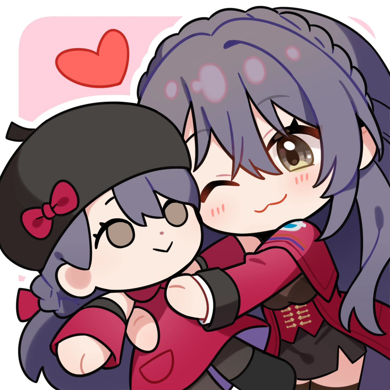 lewis (girls' frontline), lewis (girls' frontline 2), girls' frontline, girls' frontline 2: exilium, artist request, commentary request, highres, official art, second-party source, 1girl, :3, black hair, braid, character doll, chibi, chibi only, doll, heart, one eye closed, solo, transparent background