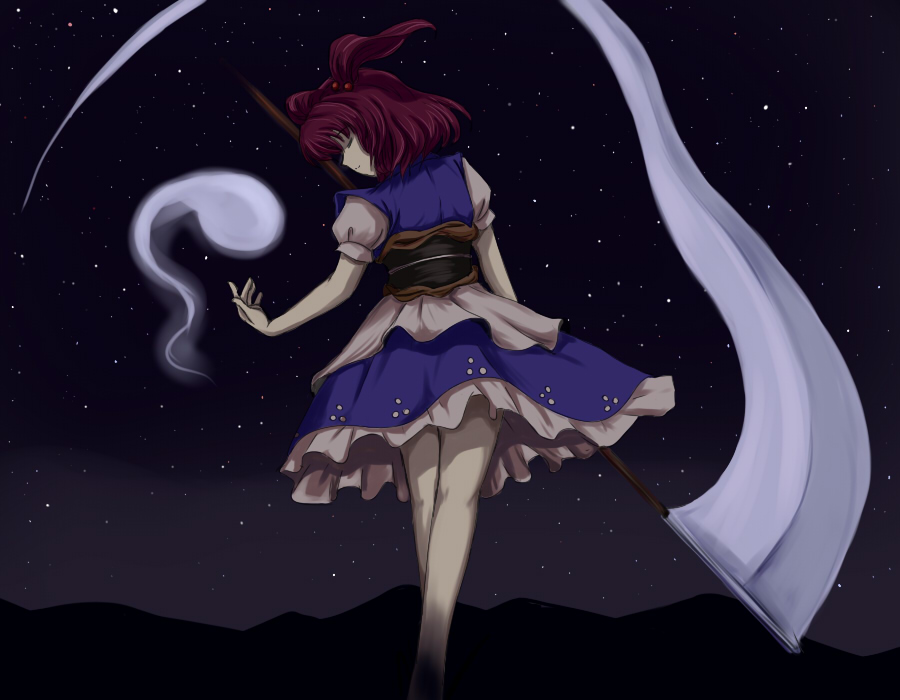 flx, onozuka komachi, touhou, 1girl, female focus, ghost, night, night sky, outdoors, red hair, scythe, short hair, sky, solo, standing, star (sky), starry sky