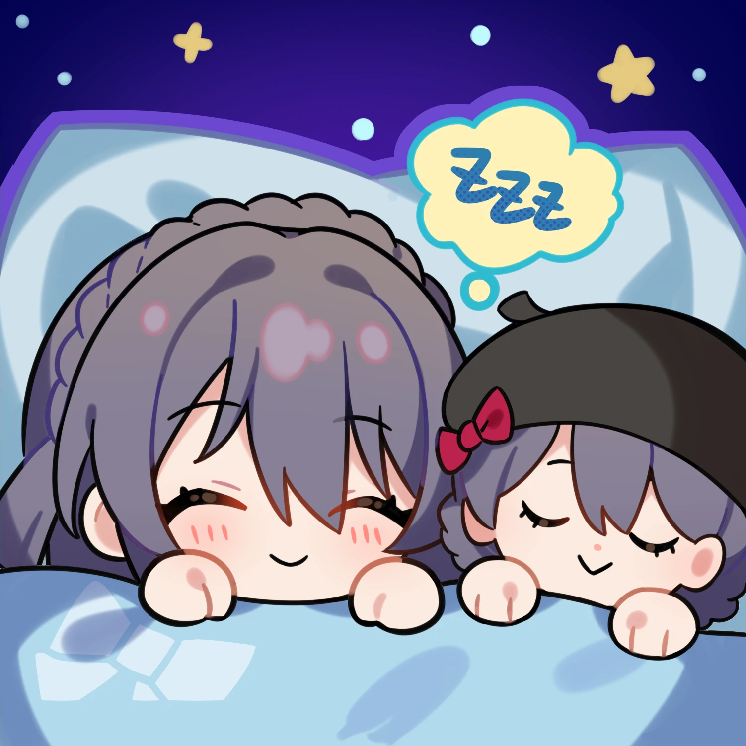 lewis (girls' frontline), lewis (girls' frontline 2), girls' frontline, girls' frontline 2: exilium, artist request, commentary request, highres, official art, second-party source, black hair, chibi, chibi only, closed eyes, sleeping, smile, solo, transparent background, under covers, zzz
