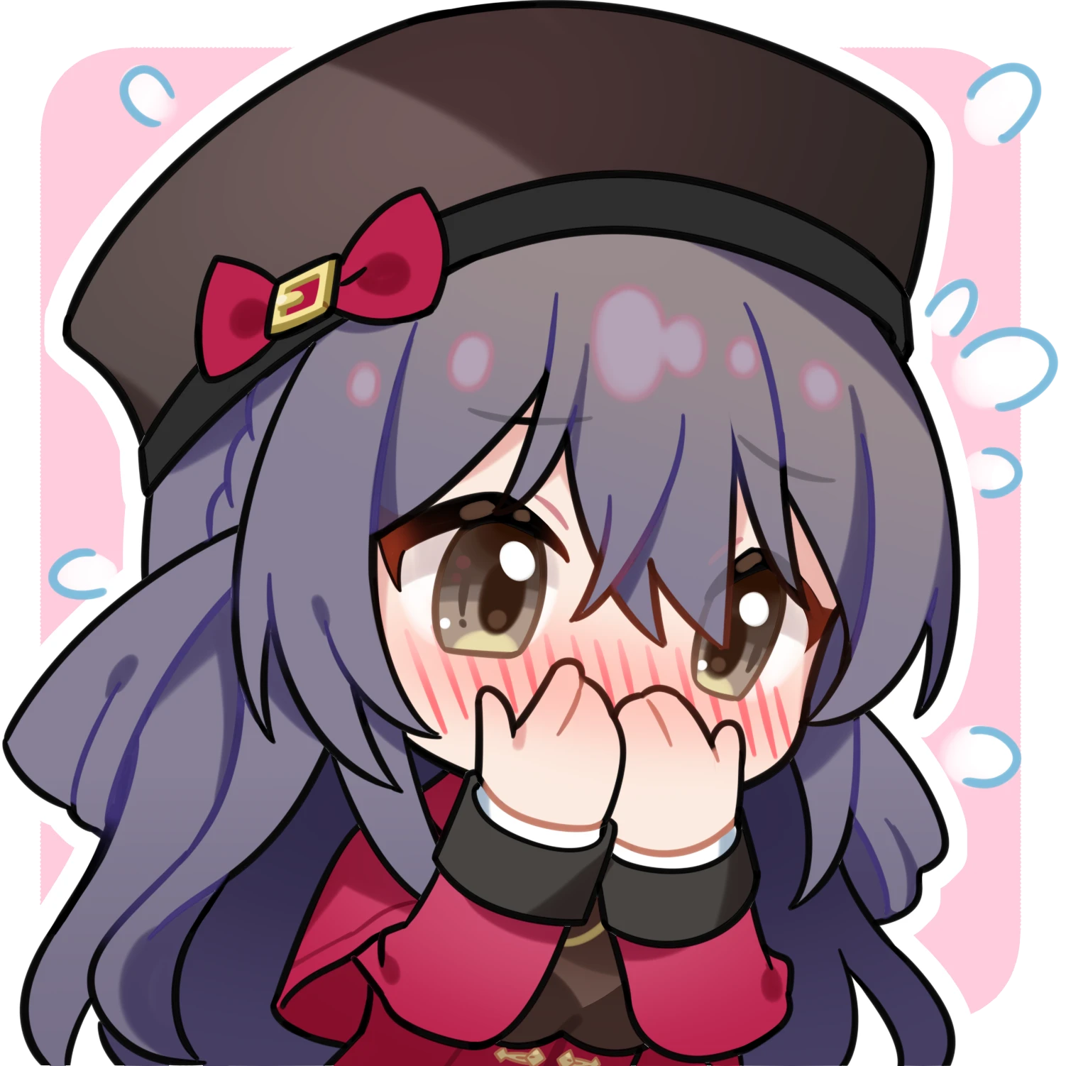 lewis (girls' frontline), lewis (girls' frontline 2), girls' frontline, girls' frontline 2: exilium, artist request, commentary request, highres, official art, second-party source, 1girl, black hair, blush, braid, chibi, chibi only, covering own mouth, flying sweatdrops, hat, solo, transparent background