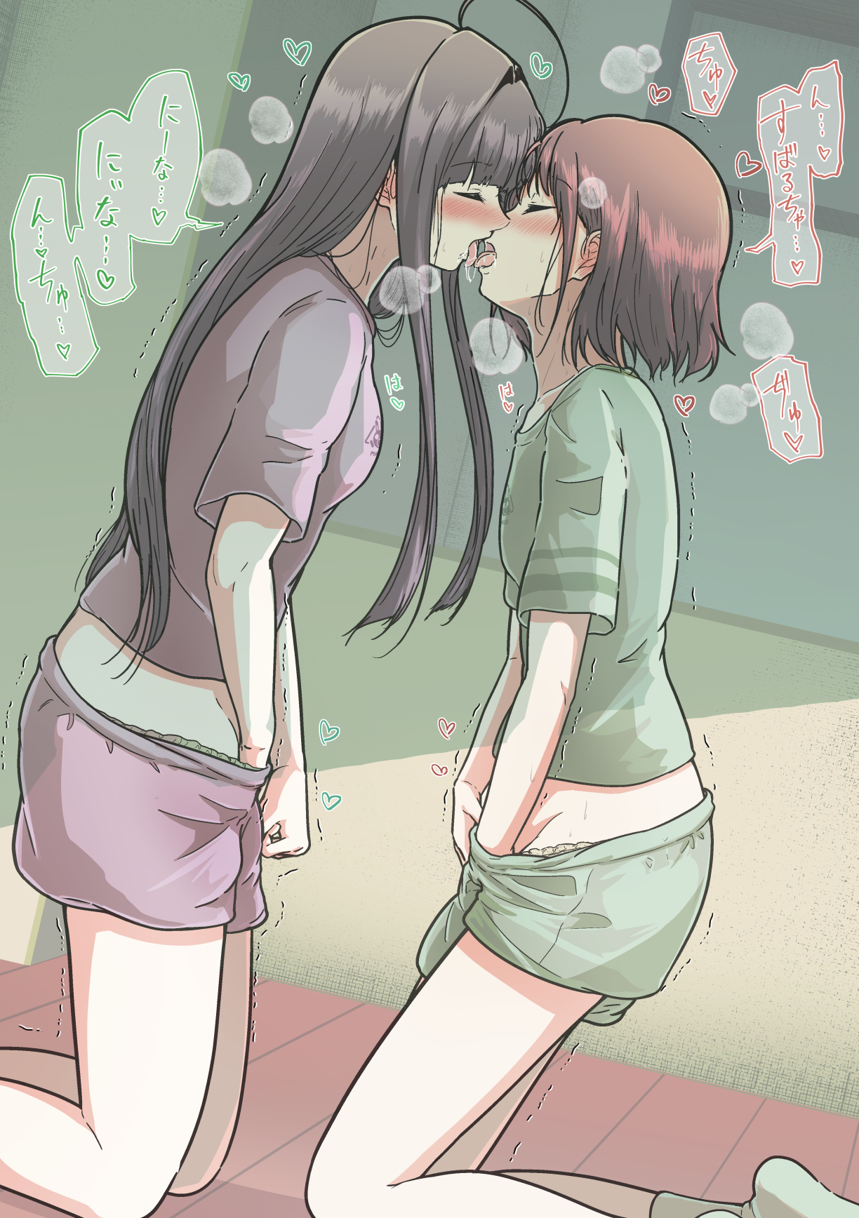 5tb, awa subaru, iseri nina, girls band cry, commentary request, highres, translation request, 2girls, ahoge, blush, brown hair, closed eyes, dutch angle, female masturbation, french kiss, green panties, green shirt, green shorts, hand in own panties, kiss, kneeling, long hair, long sidelocks, masturbating together, masturbation, motion lines, multiple girls, nose blush, open mouth, panties, panty peek, purple shirt, purple shorts, saliva, saliva trail, shirt, short hair, short shorts, short sleeves, shorts, sidelocks, sound effects, speech bubble, steam, straight hair, t-shirt, tongue, tongue out, trembling, underwear, yellow panties, yuri