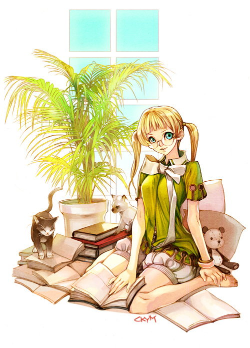 chkuyomi, tuxedo cat, original, archived source, 1girl, arched bangs, baby animal, barefoot, black fur, black tail, blonde hair, blue eyes, book, bow, bracelet, breasts, cat, closed eyes, closed mouth, colorpoint, full body, glasses, green jacket, green sleeves, hair tie, hand on book, hand on own foot, jacket, jacket bow, jewelry, kitten, looking at viewer, medium breasts, muntins, nail polish, narrow waist, open book, pillow, plant, potted plant, puffy shorts, rimless eyewear, round eyewear, short sleeves, shorts, siamese cat, signature, sitting, skinny, smile, solo focus, stuffed animal, stuffed toy, teddy bear, toes, too many, too many books, twintails, wariza, white bow, white fur, white nails, white shorts, window light, wing collar