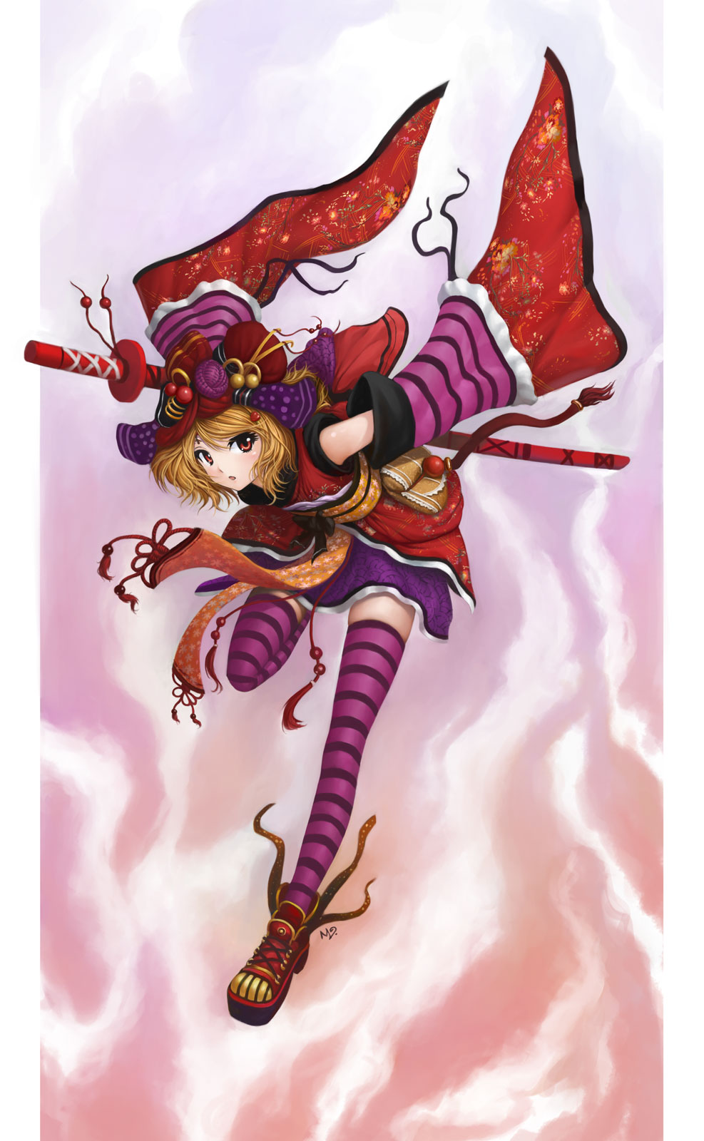 ml.e, original, bad id, bad pixiv id, highres, 1girl, bare shoulders, blonde hair, detached sleeves, female focus, full body, hair ornament, japanese clothes, legs, red eyes, shoes, short hair, skindentation, skirt, sleeves past wrists, solo, striped clothes, striped thighhighs, sword, thighhighs, weapon, zettai ryouiki