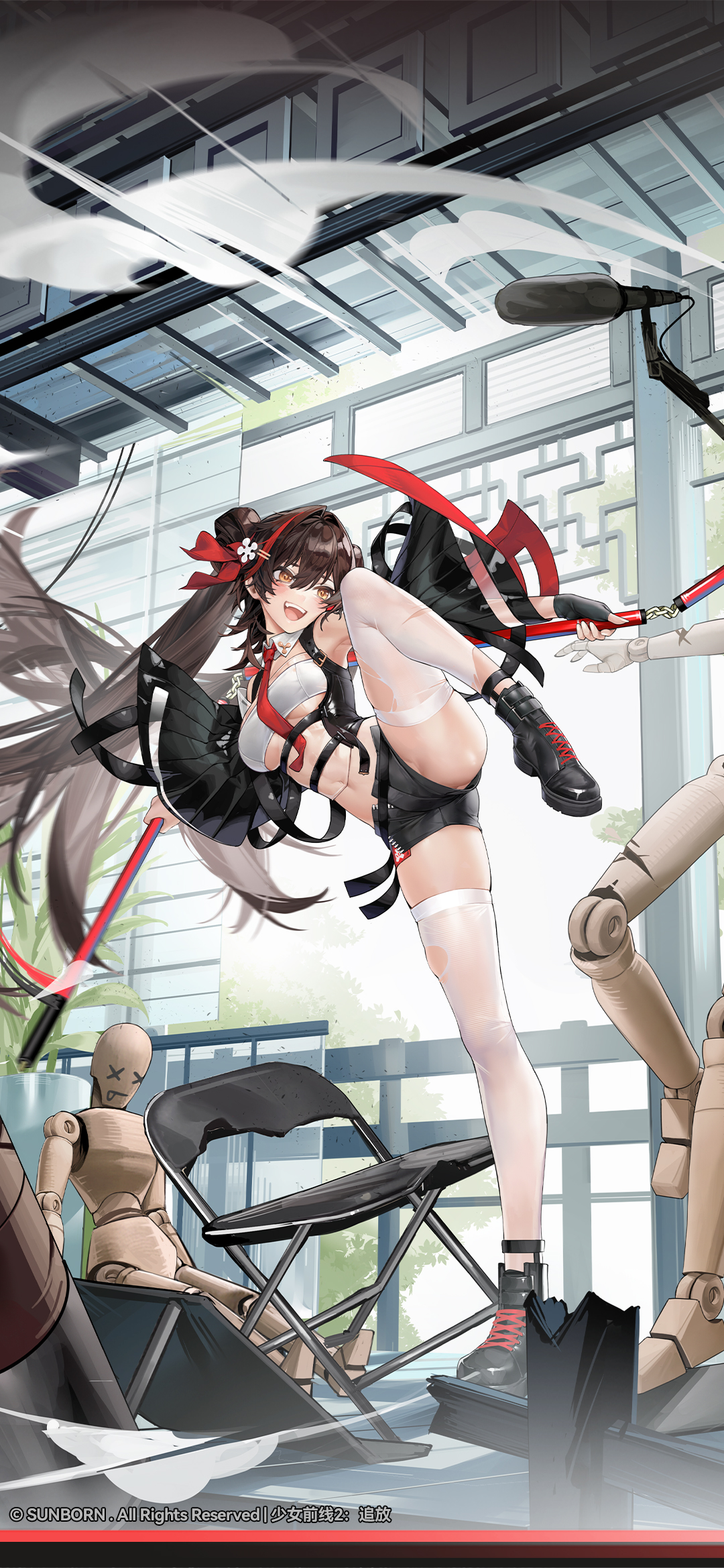 jiangyu (girls' frontline 2), type 97 (girls' frontline), girls' frontline, girls' frontline 2: exilium, artist request, commentary request, highres, official art, official wallpaper, second-party source, 1girl, :d, brown hair, chair, detached collar, dummy, hairband, necktie, nunchaku, open mouth, red hairband, red necktie, short shorts, shorts, smile, solo, standing, standing on one leg, teeth, thighhighs, torn clothes, torn thighhighs, twintails, upper teeth only, weapon, wide sleeves, yellow eyes