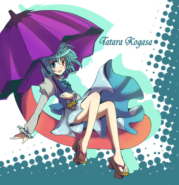 akasaka sakasu, tatara kogasa, touhou, bad id, bad pixiv id, 1girl, blue eyes, blue hair, character name, female focus, full body, geta, heterochromia, karakasa obake, red eyes, sandals, short hair, sitting, solo, tongue, umbrella