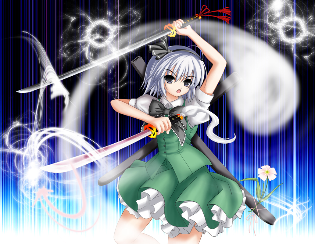 dr.yeh, konpaku youmu, konpaku youmu (ghost), touhou, silver hair, bad id, bad pixiv id, 1girl, dual wielding, female focus, flower, ghost, gradient background, hairband, holding, katana, plant, short hair, skirt, solo, sword, tanto, weapon