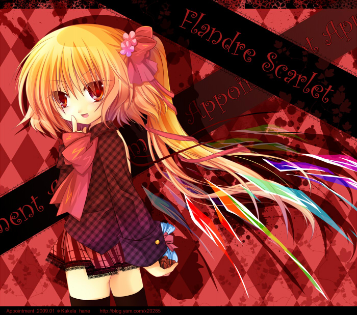 anna (small night), hane (x20285), flandre scarlet, touhou, 1girl, alternate costume, black thighhighs, blonde hair, blouse, character name, contemporary, cowboy shot, female focus, from side, long hair, miniskirt, plaid clothes, plaid shirt, plaid skirt, ponytail, red background, red eyes, red shirt, ribbon, shirt, side ponytail, skirt, solo, thighhighs, unmoving pattern, very long hair, watermark, web address, wings, zettai ryouiki