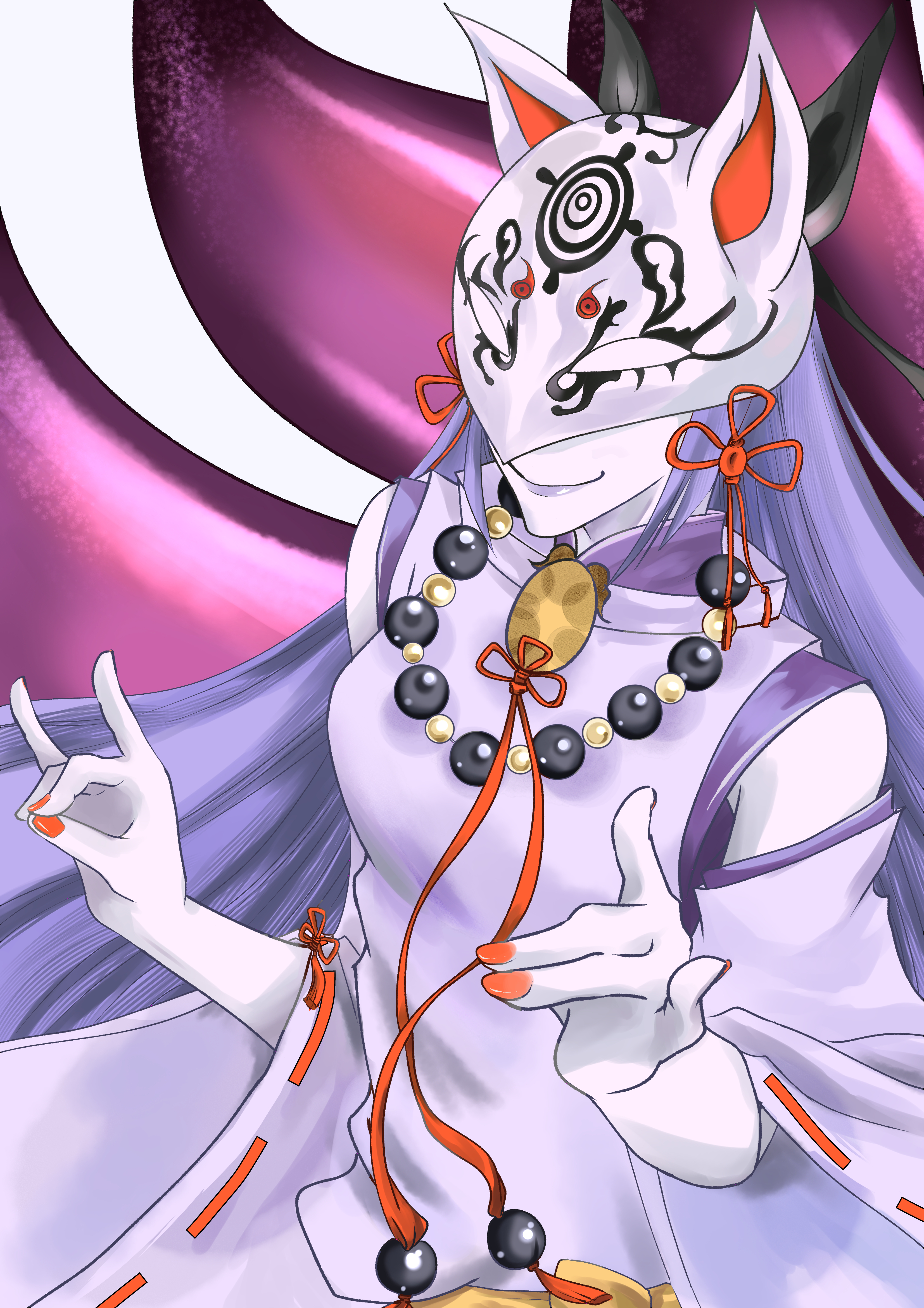 fukurou5, kuzunoha (grimms notes), grimms notes, 1girl, breasts, closed mouth, fingernails, fox mask, japanese clothes, long hair, mask, purple hair, red nails, smile, solo, upper body, very long hair