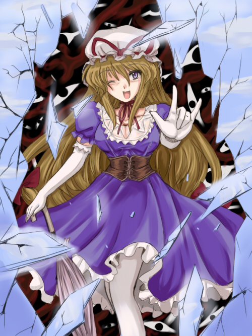 flx, yakumo yukari, touhou, shatter, 1girl, m/, blonde hair, elbow gloves, female focus, gap (touhou), glass, gloves, hair ribbon, hat, long hair, one eye closed, pantyhose, purple eyes, ribbon, solo, wink