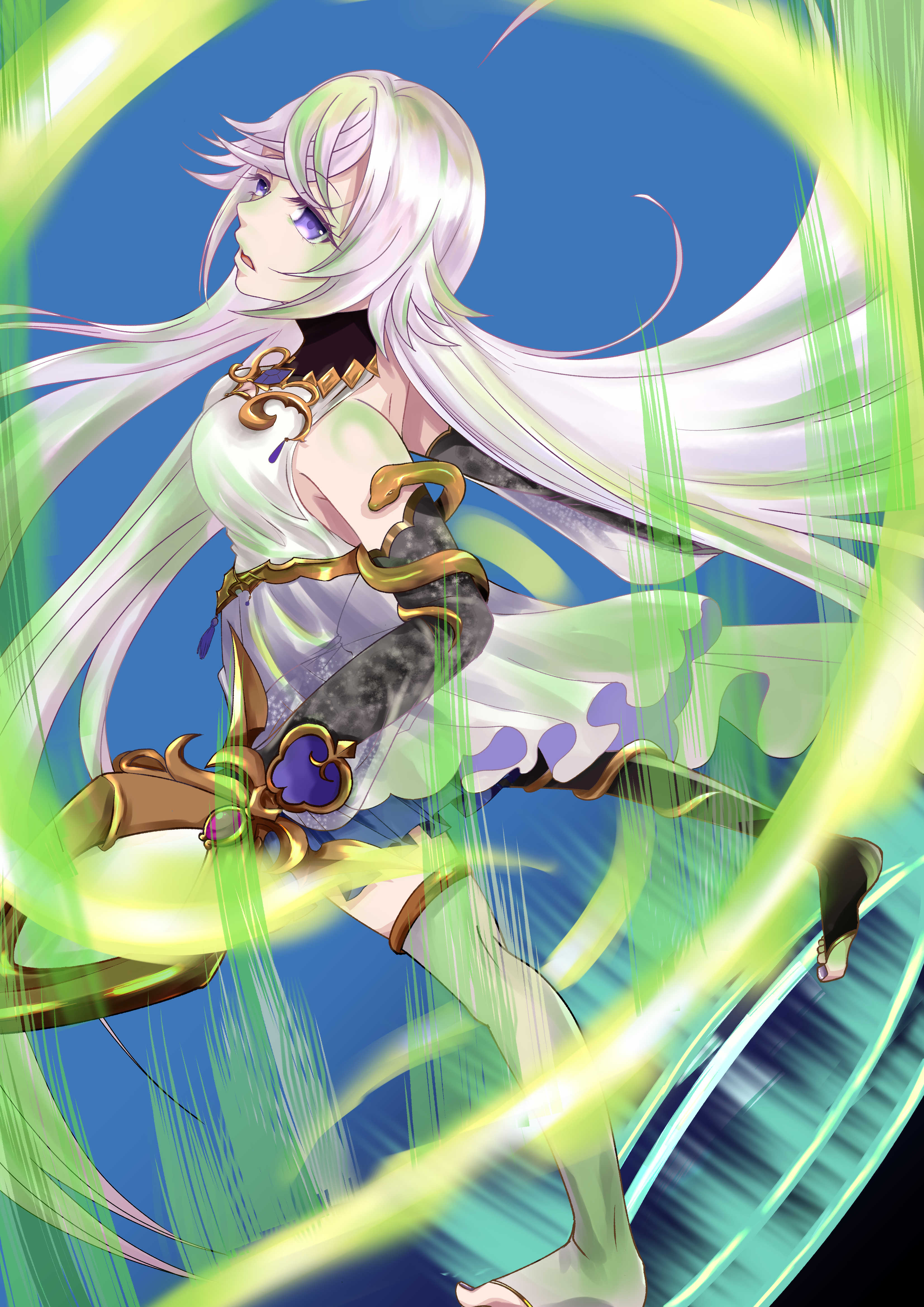 fukurou5, magic mirror (grimms notes), grimms notes, 1girl, bare shoulders, breasts, from behind, kagami sei no kote (grimms notes), long hair, looking at viewer, parted lips, purple eyes, purple hair, solo, standing, very long hair