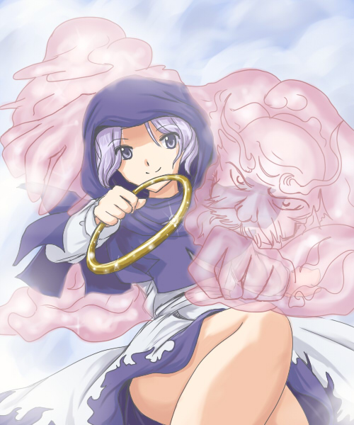 flx, kumoi ichirin, unzan, touhou, 1boy, 1girl, bracelet, hood, jewelry, purple eyes, purple hair, ring