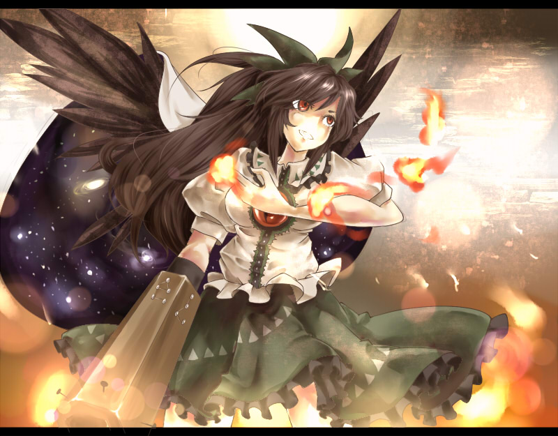 namu (artist), namuko, reiuji utsuho, touhou, 1girl, black hair, bow, female focus, letterboxed, long hair, red eyes, solo, wings