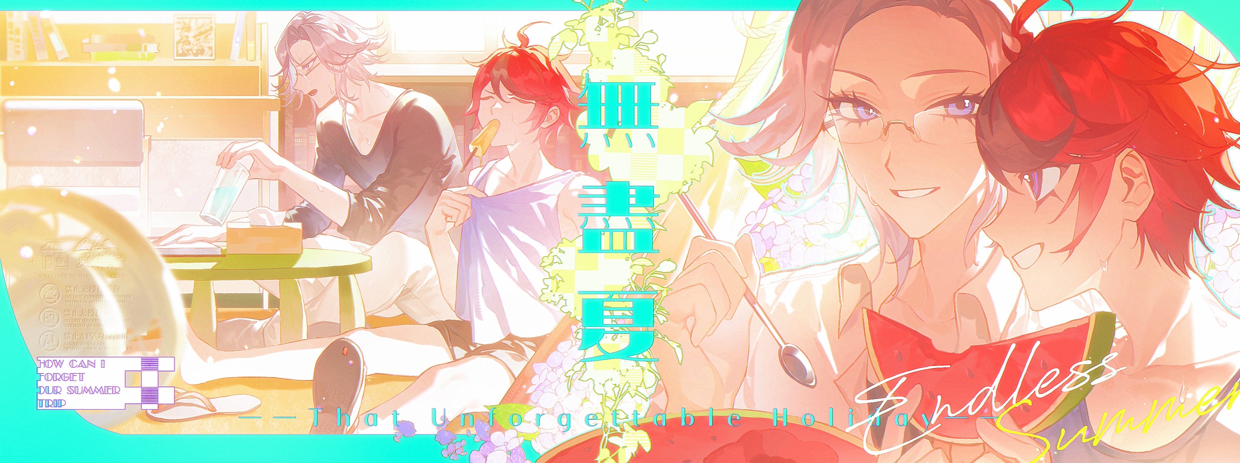 aizendai, aotsuki eito, sumino takumi, the hundred line -last defense academy-, absurdres, chinese commentary, commentary request, highres, 2boys, ahoge, black hair, black shirt, black shorts, blue eyes, blue tank top, closed eyes, collared shirt, cup, drinking glass, english text, eyelashes, fang, food, food in mouth, fruit, glasses, grey hair, grin, hair between eyes, holding, holding cup, holding food, holding fruit, holding spoon, hot, indoors, male focus, multicolored hair, multiple boys, multiple views, on floor, open mouth, pants, popsicle, popsicle in mouth, red hair, sandals, shirt, short hair, shorts, single bare foot, sitting, smile, spoon, streaked hair, sweat, table, tank top, tissue box, two-tone hair, unworn sandals, watermark, watermelon, white pants, white sandals, white shirt