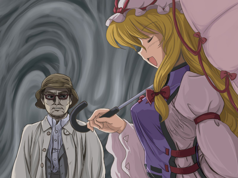 flx, kamen rider decade, narutaki, narutaki (dcd), yakumo yukari, kamen rider, kamen rider dcd, touhou, blonde hair, crossover, hair ribbon, hat, long hair, parasol, ribbon, umbrella