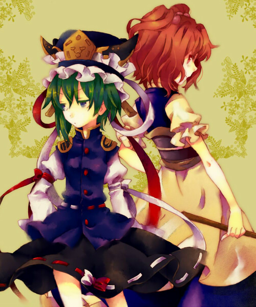 hidari (coletica), onozuka komachi, shiki eiki, touhou, bad id, bad pixiv id, 2girls, annoyed, back-to-back, blue eyes, female focus, green hair, hat, multiple girls, red eyes, red hair, scythe, short hair, smile, standing, twintails, two side up