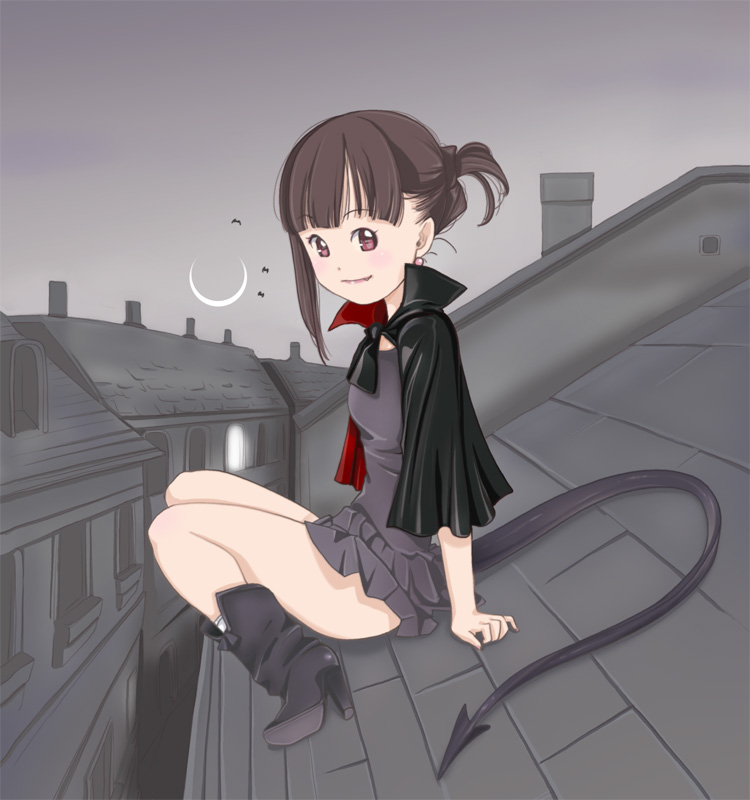 yozora, original, 1girl, arm support, bat (animal), boots, brown hair, cape, crescent moon, earrings, female focus, high heel boots, high heels, jewelry, miniskirt, moon, on roof, pink eyes, sitting, sitting on roof, skirt, smile, solo, tail, vampire